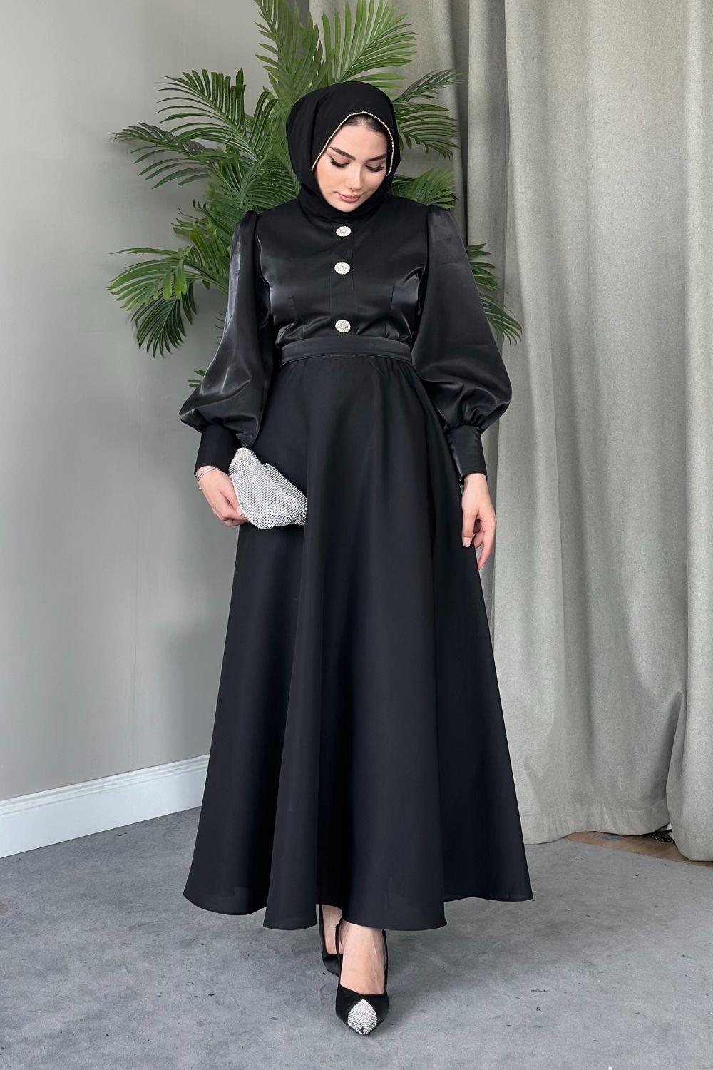 Üç Düğmeli Balon Kol Abiye Siyah 2210 