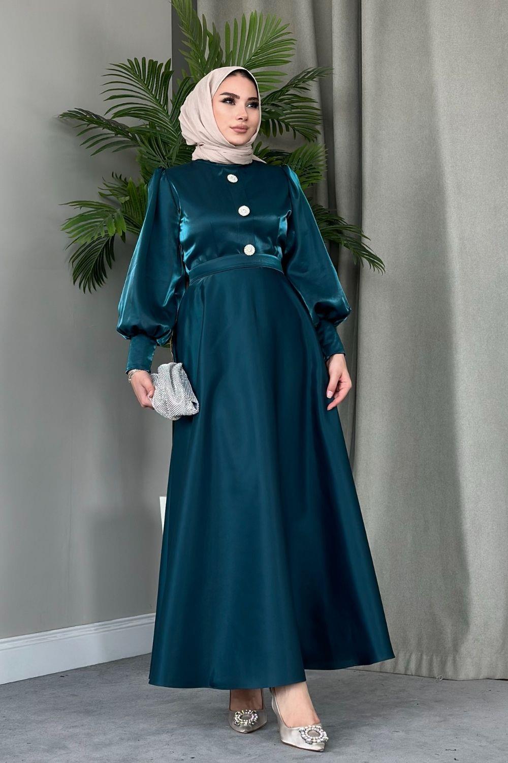 Üç Düğmeli Balon Kol Abiye Zümrüt 2210 