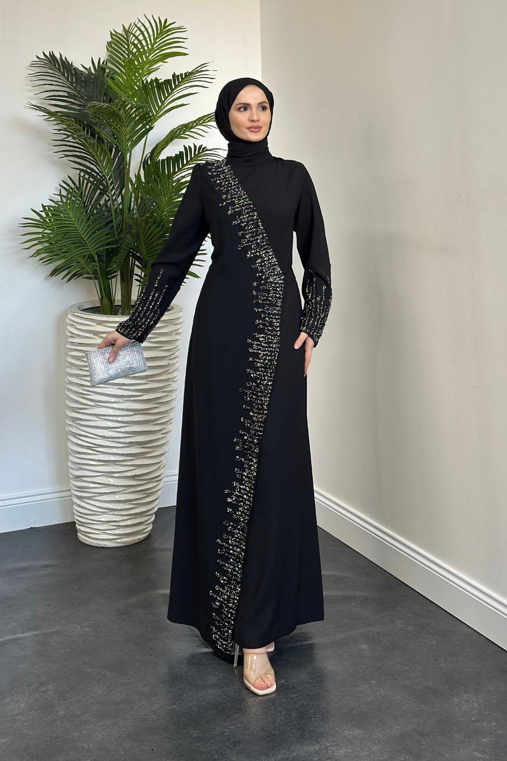 Yandan Simetrik Taşlı Abiye Siyah 2273 