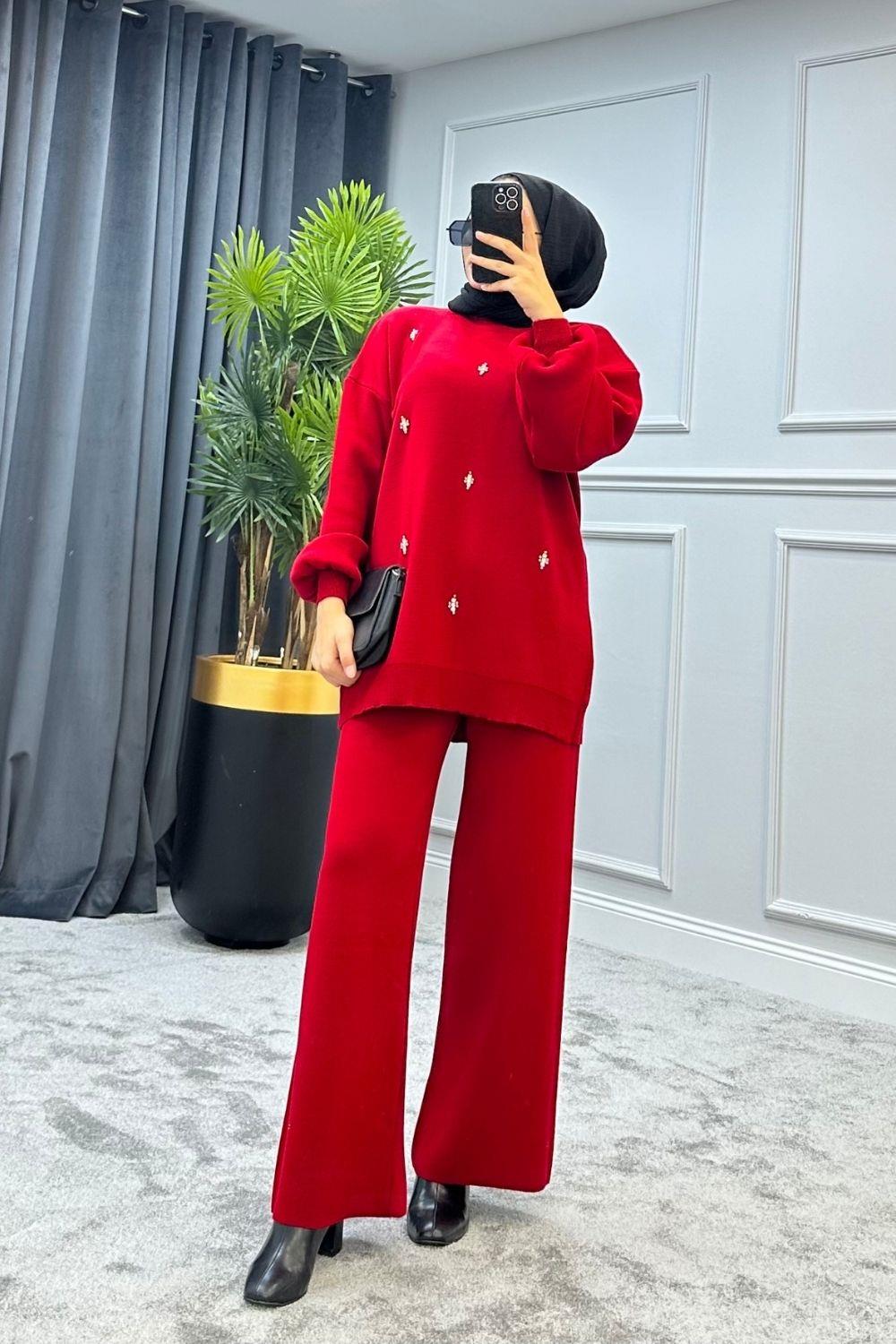 Önü Taşlı Triko Takım Bordo 2283 