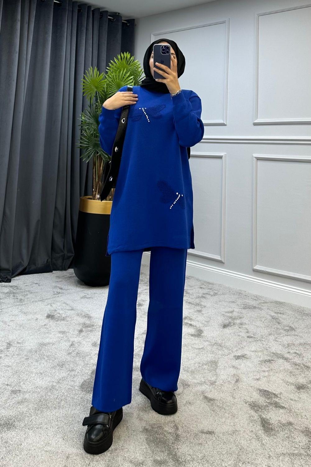 Yusufçuk Desenli Triko Takım Saks 2292 