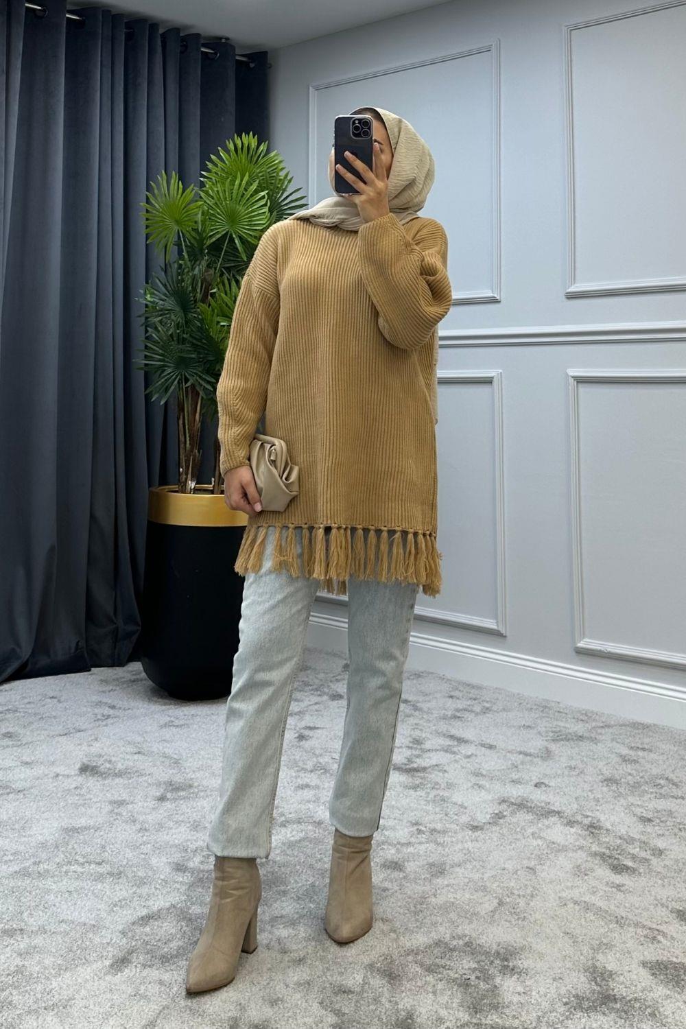 Altı Püsküllü Triko Kazak Camel 2293 