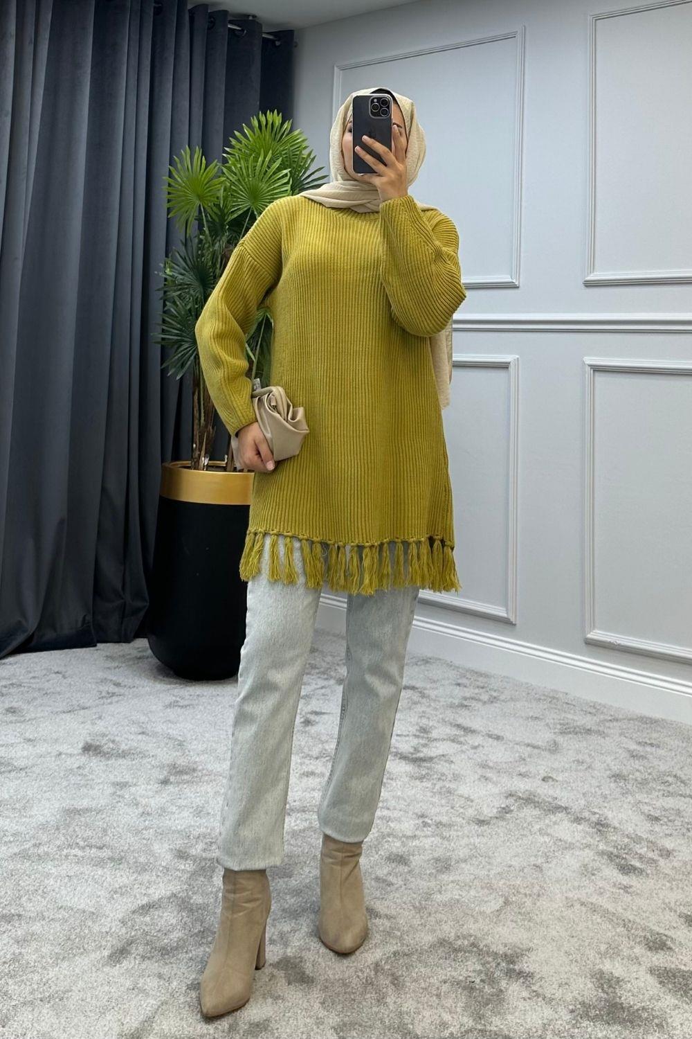 Altı Püsküllü Triko Kazak Yağ Yeşili 2293 