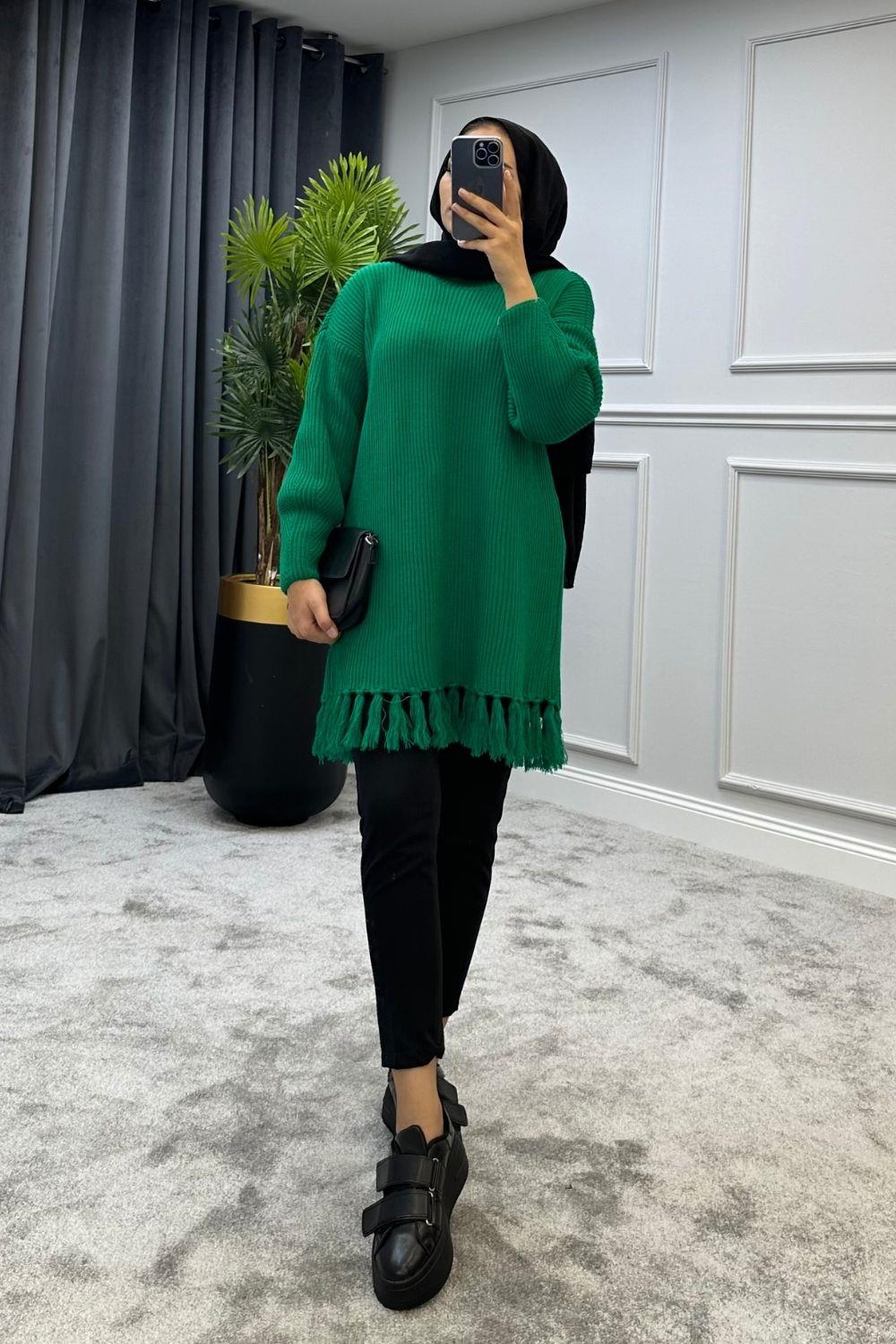 Altı Püsküllü Triko Kazak Yeşil 2293 