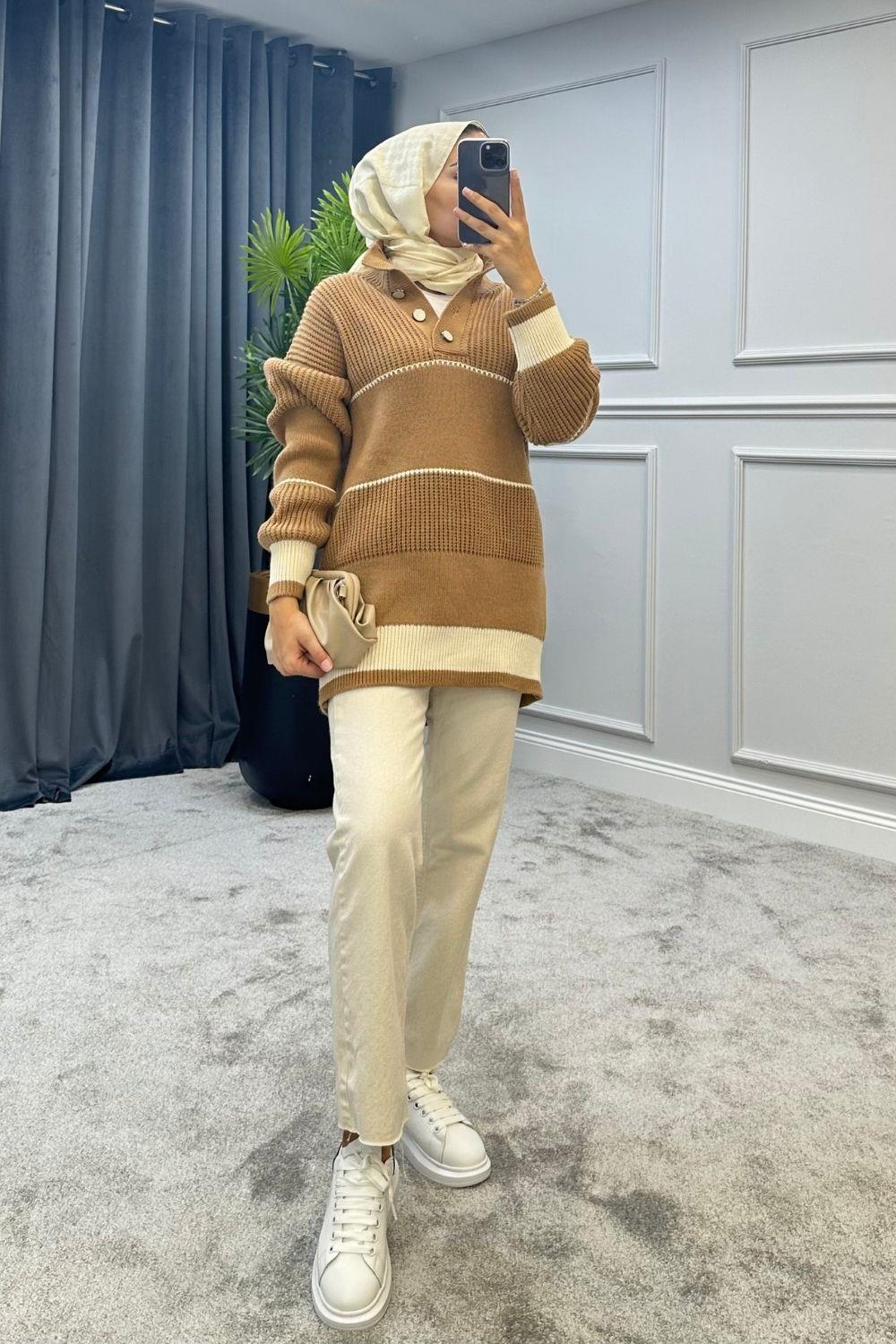 Düğmeli Triko Kazak Camel 2296 