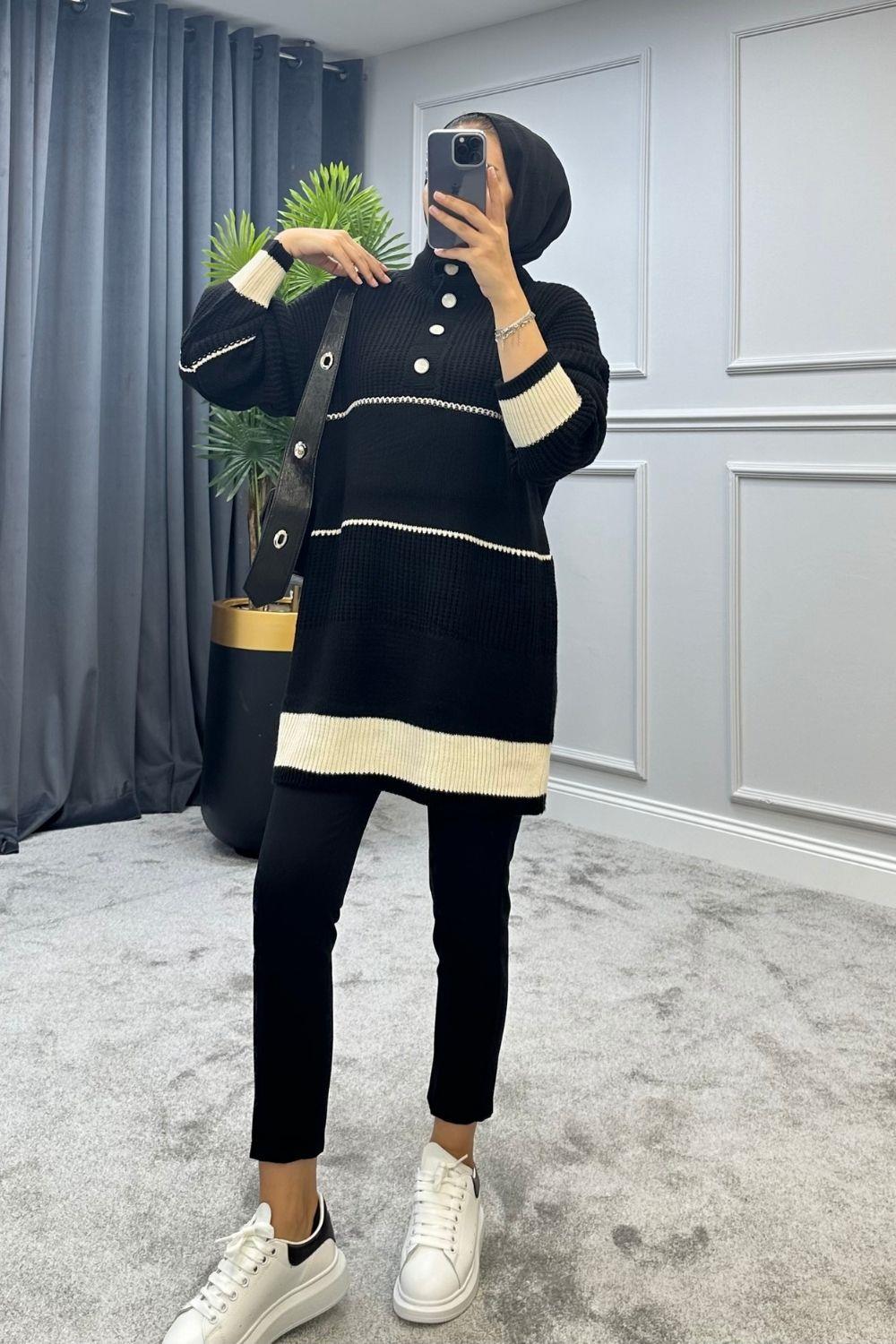 Düğmeli Triko Kazak Siyah 2296 