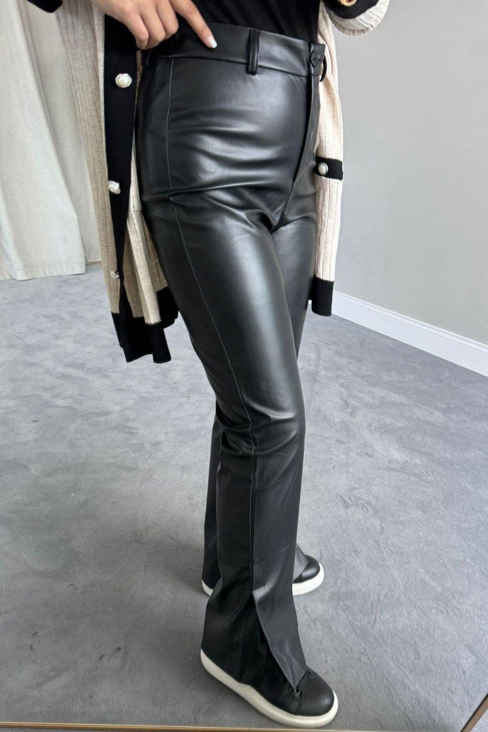 بنطال جلدي بفتحة لون أسود
