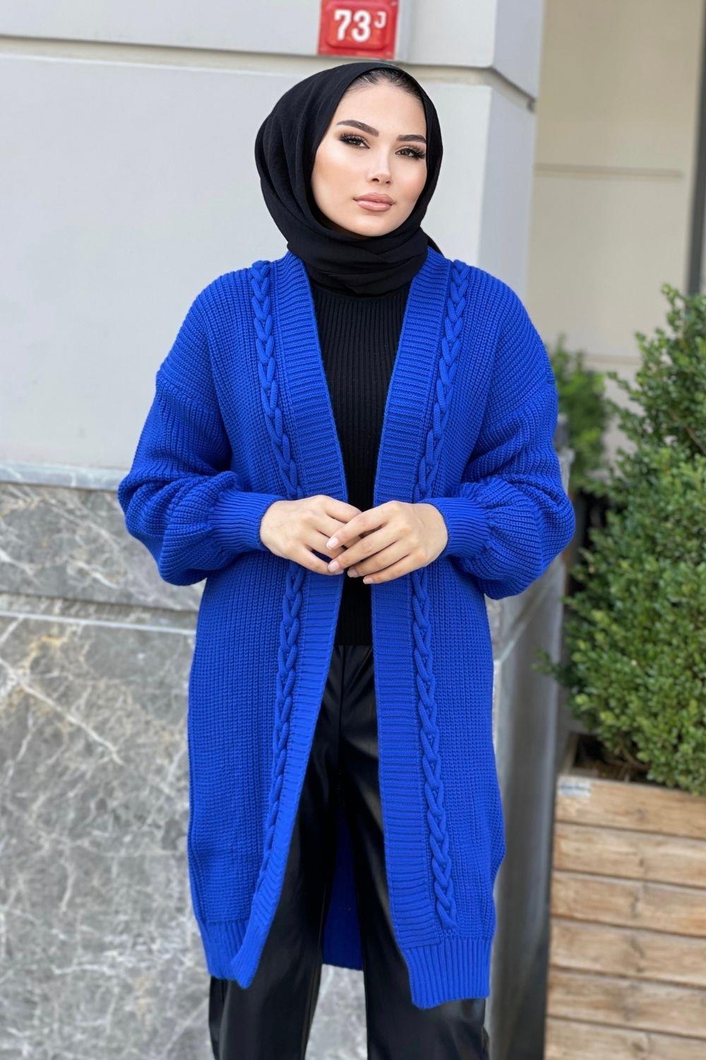 Saç Örgülü Uzun Hırka Saks 230400 