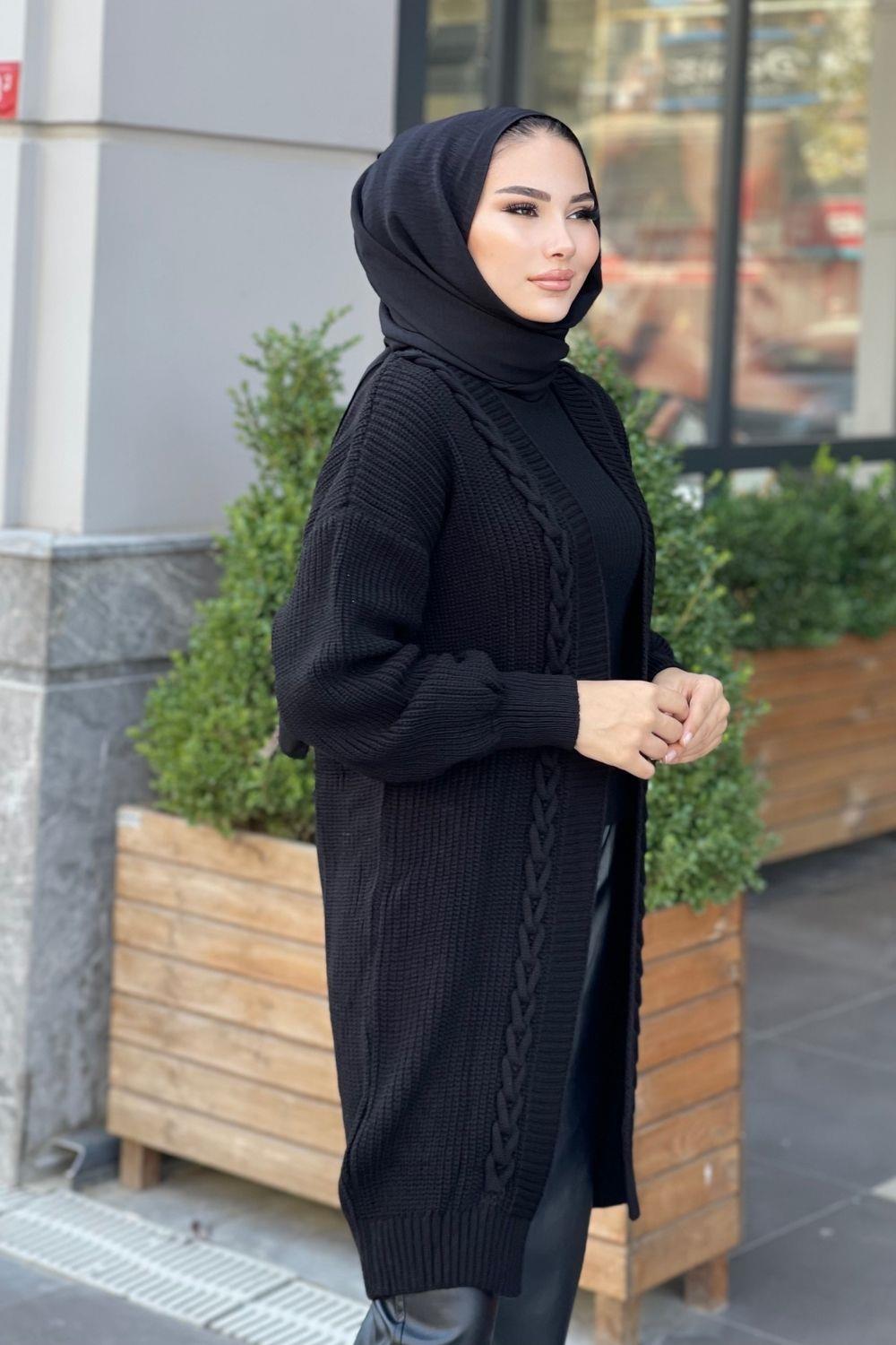 Saç Örgülü Uzun Hırka Siyah 230400 