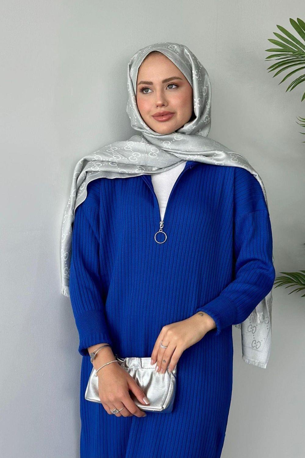 Bisiklet Yaka Triko Elbise Saks 230740 