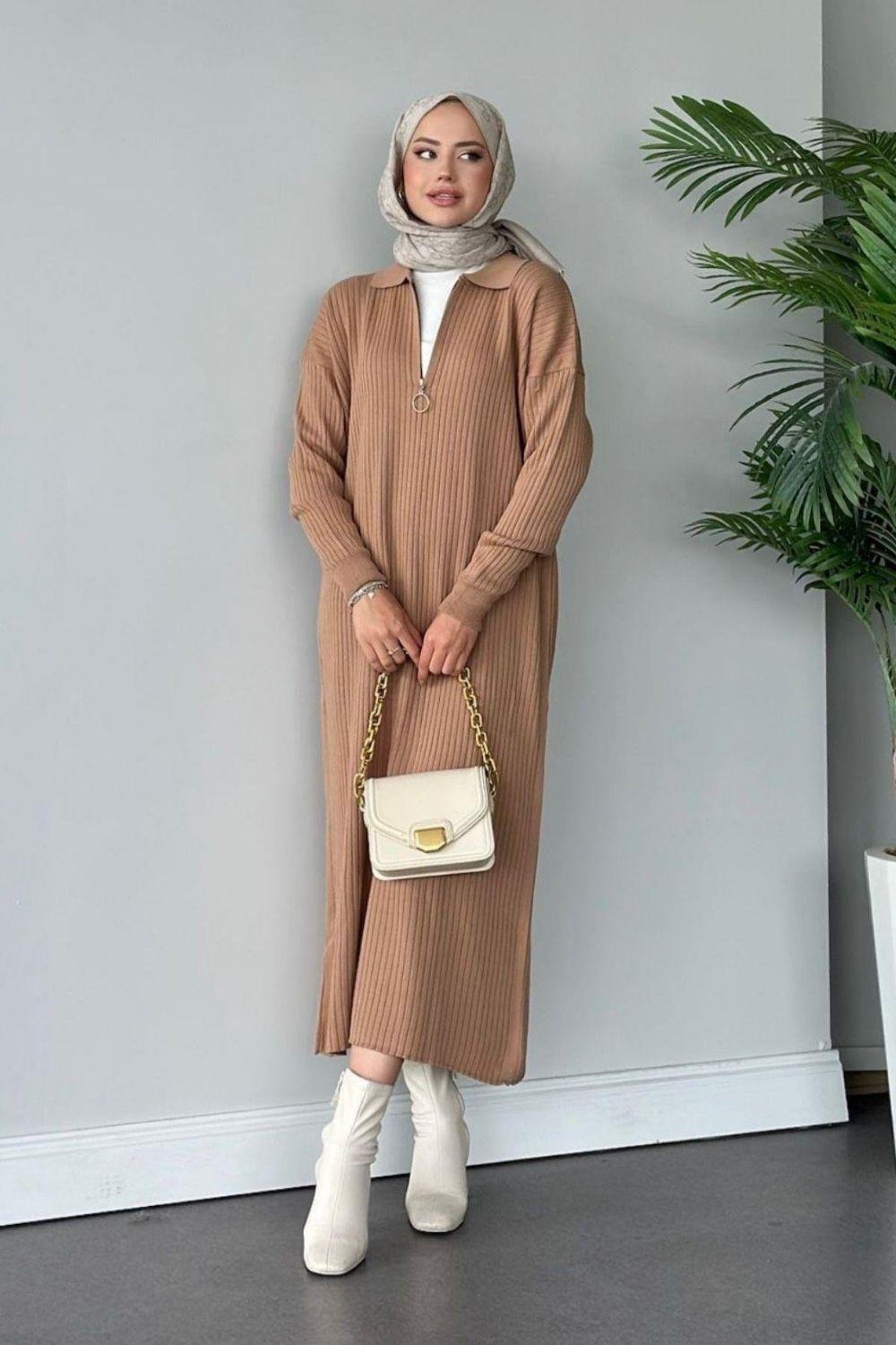 Hilal Fermuarlı Triko Elbise Camel 230750 