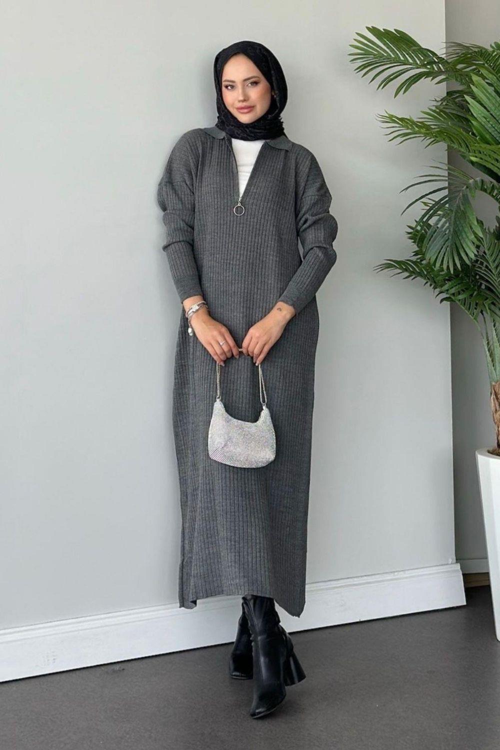Hilal Fermuarlı Triko Elbise Gri 230750 