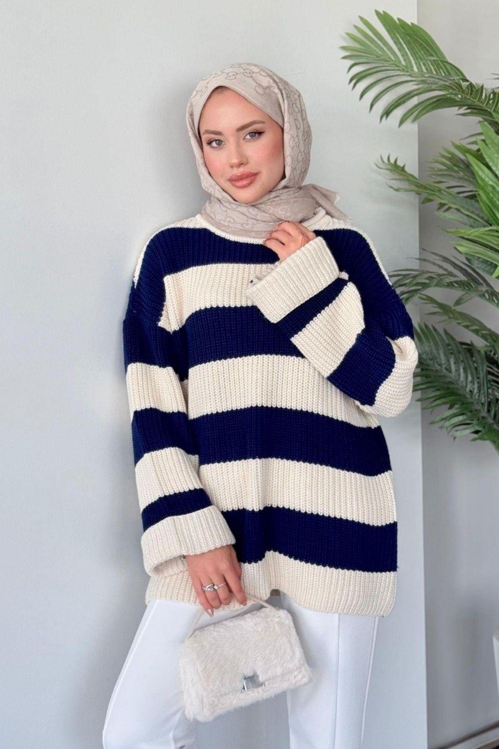 Kalın Çizgili Kazak Lacivert 2310 