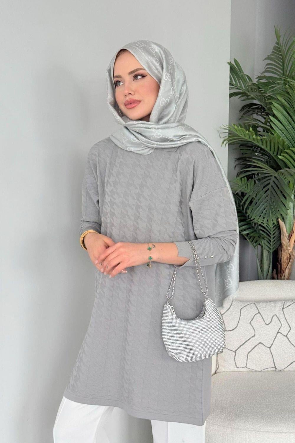 Kaz Ayağı Desenli Merserize Tunik Gri 231490 