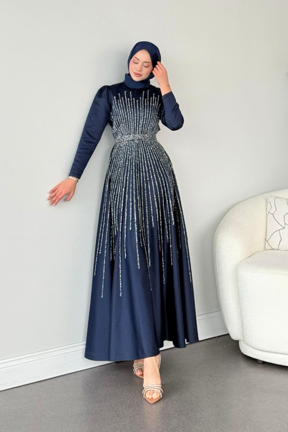 Fuull Taşlı Abiye Lacivert 2348 