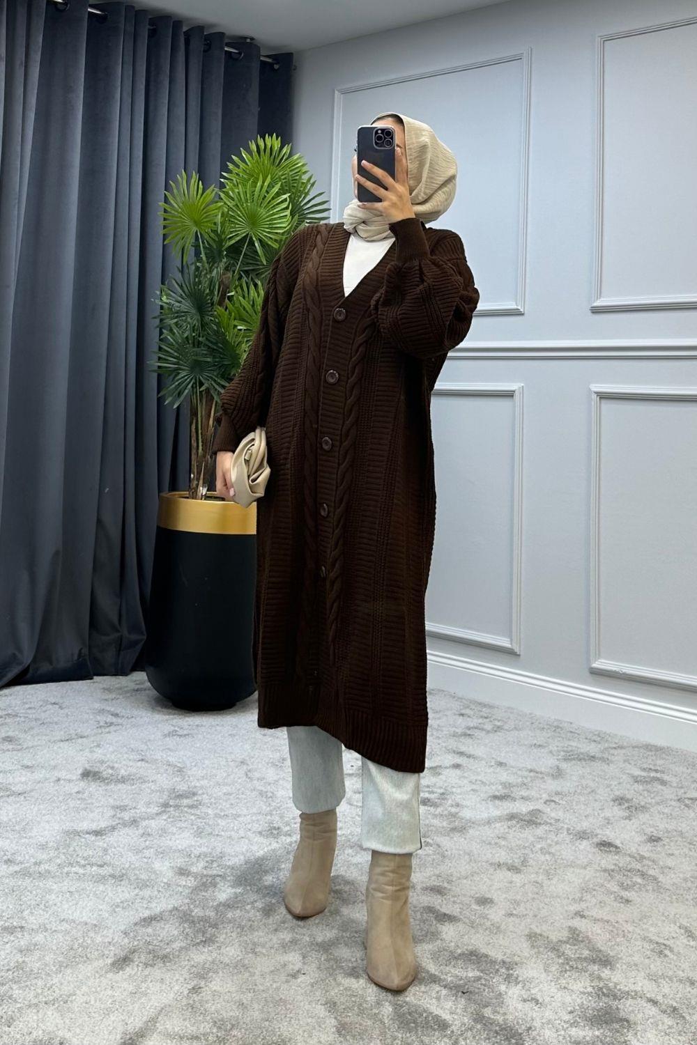 Saç Örgülü Uzun Hırka Kahverengi 2388 