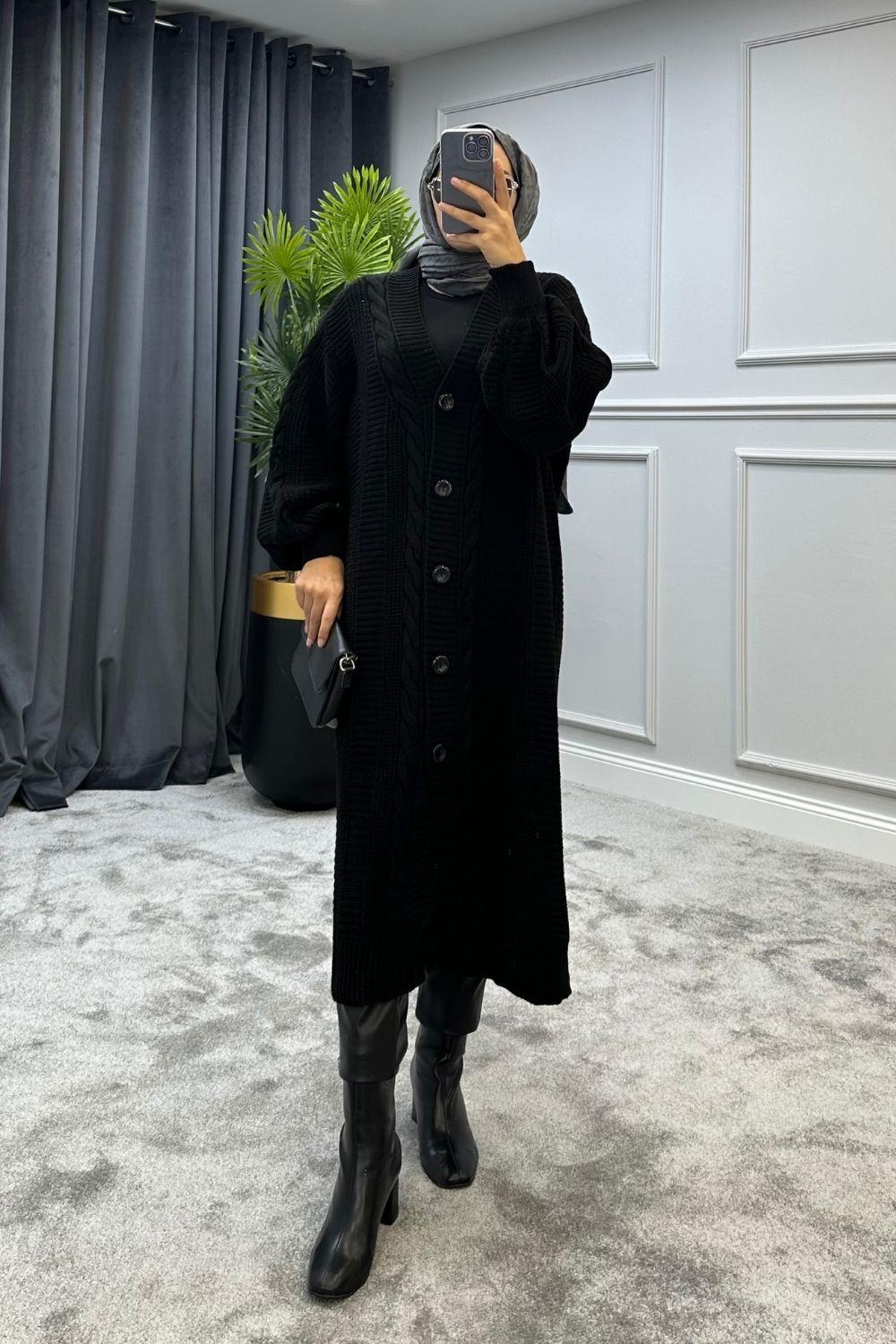 Saç Örgülü Uzun Hırka Siyah 2388 