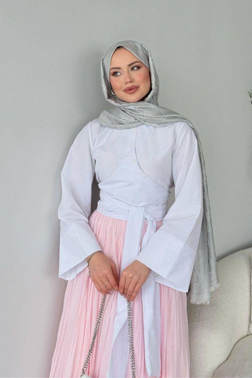 Bağlamalı Yarım Gömlek Beyaz 2396 