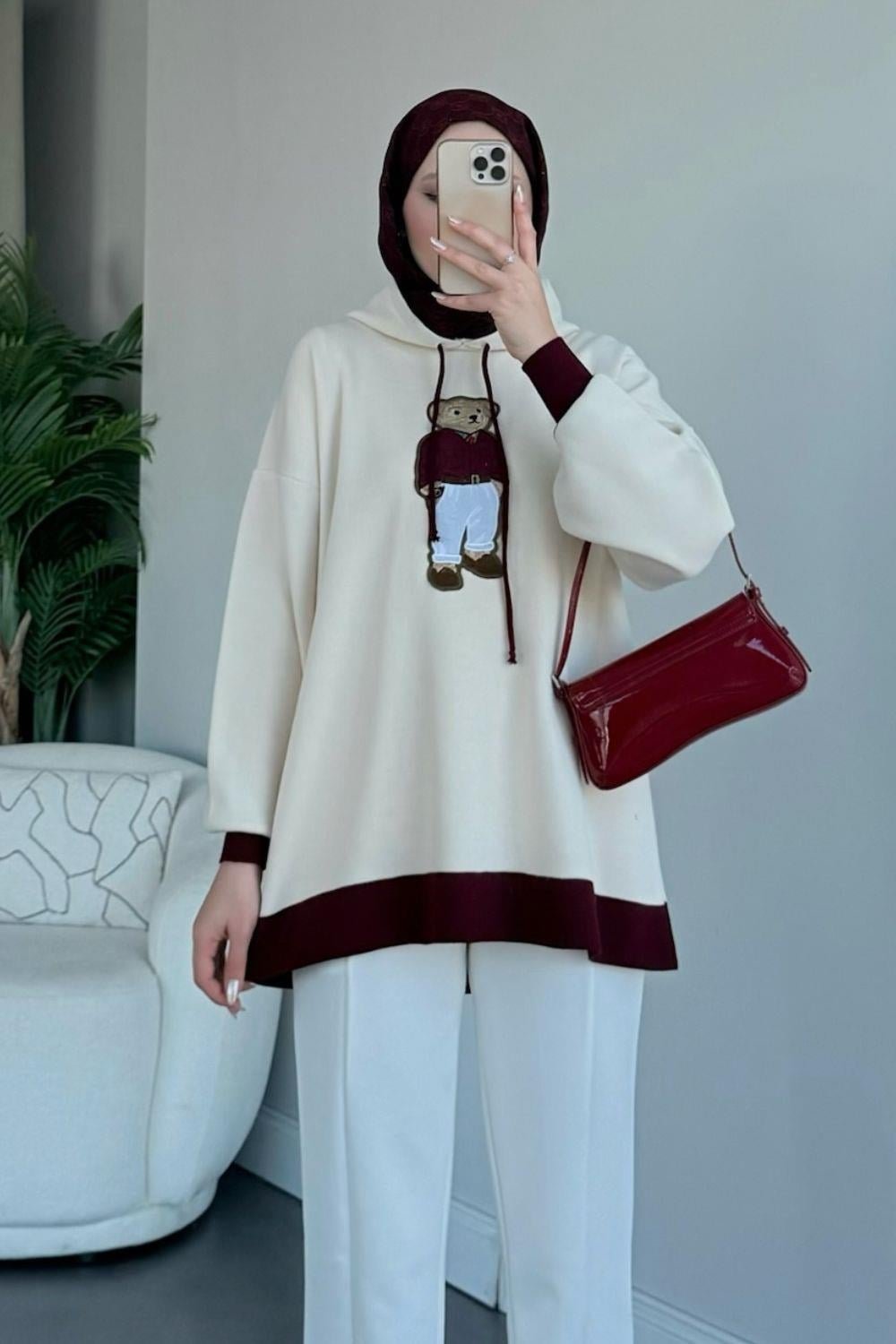 Kapşonlu Ayıcıklı Sweat Bordo 241230 
