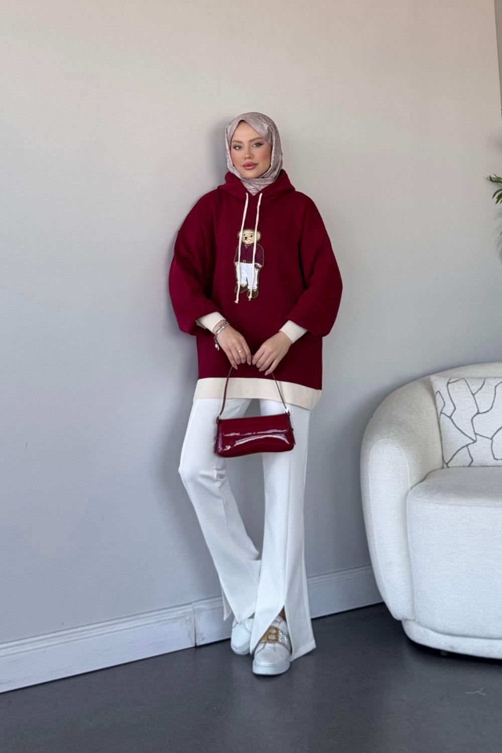 Kapşonlu Ayıcıklı Sweat Koyu Bordo 241230 