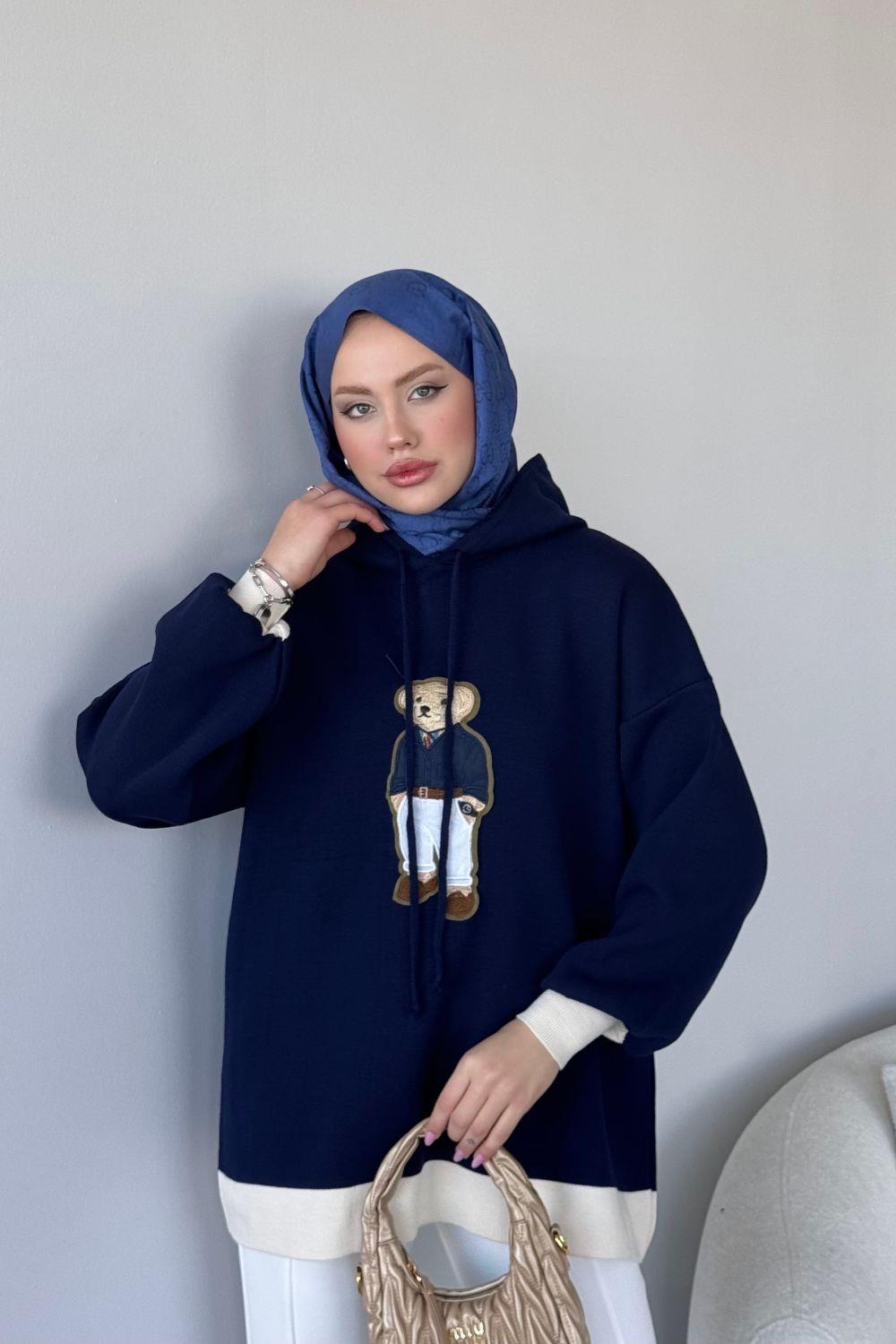 Kapşonlu Ayıcıklı Sweat Koyu Lacivert 241230 