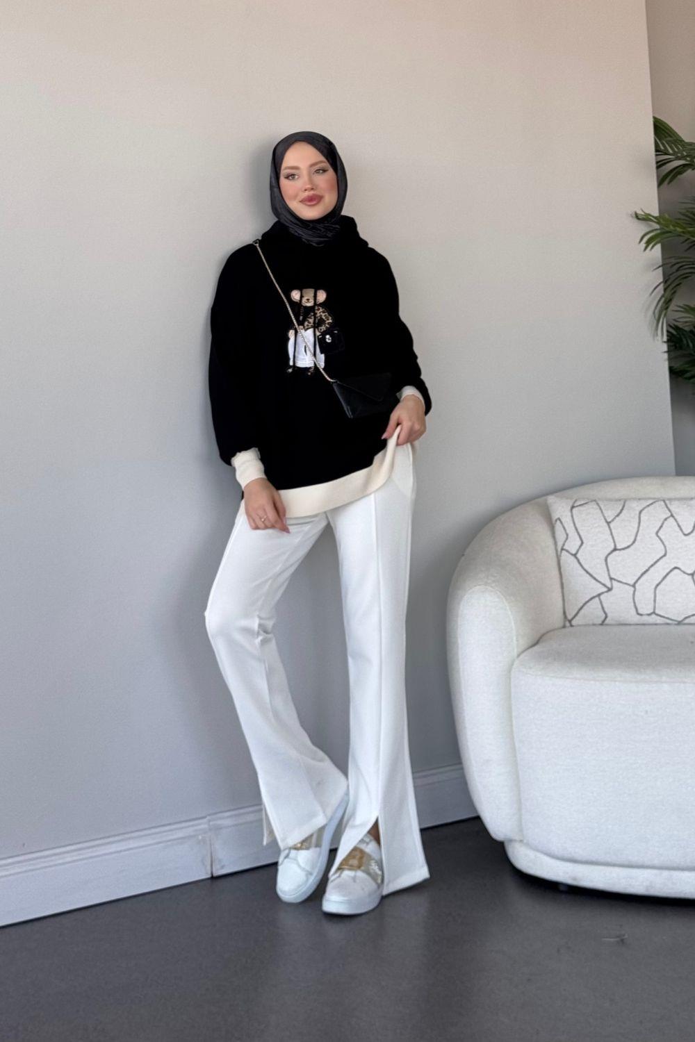 Kapşonlu Ayıcıklı Sweat Koyu Siyah 241230 