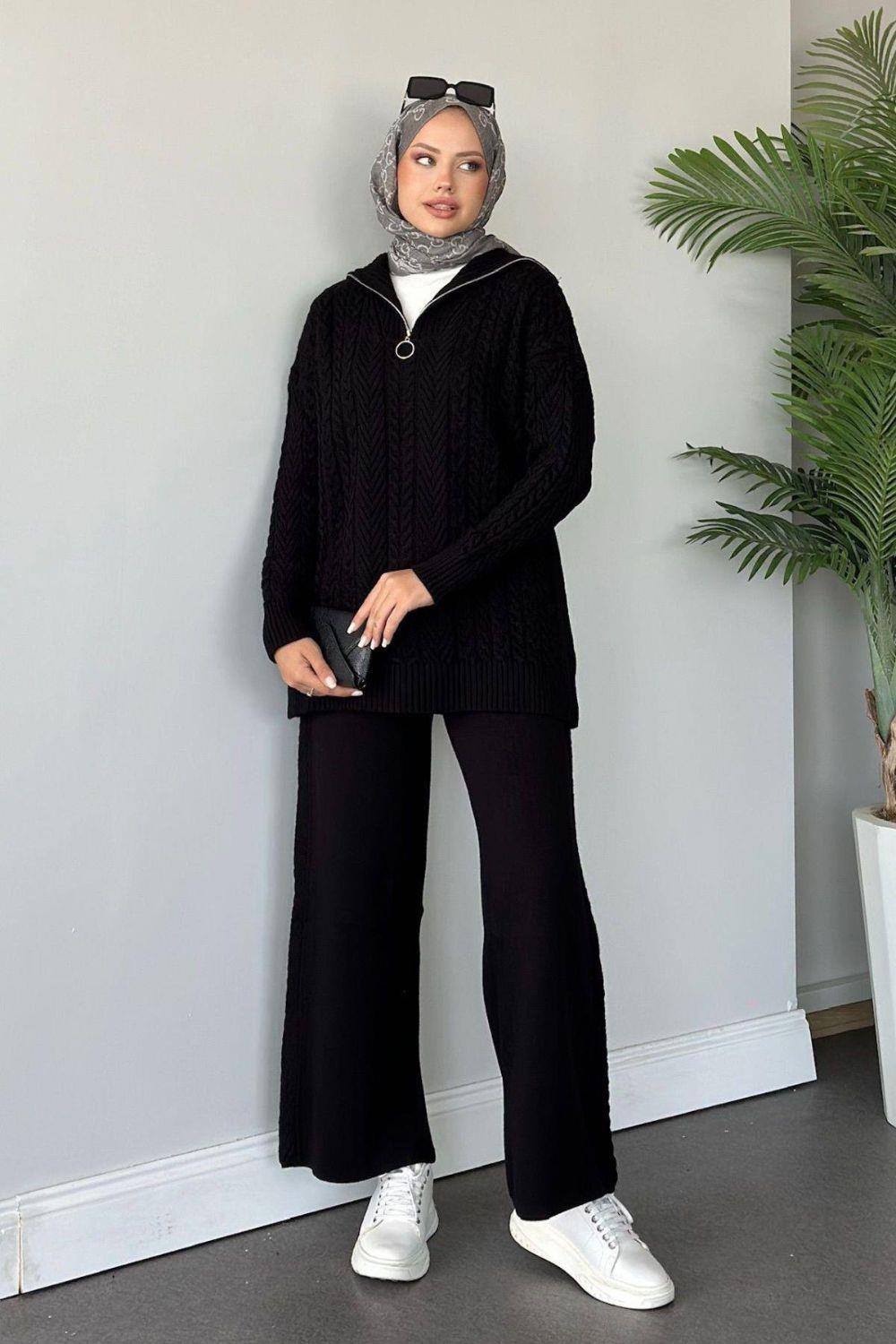 Yarı Fermuarlı Örme Triko Takım Siyah 24130 