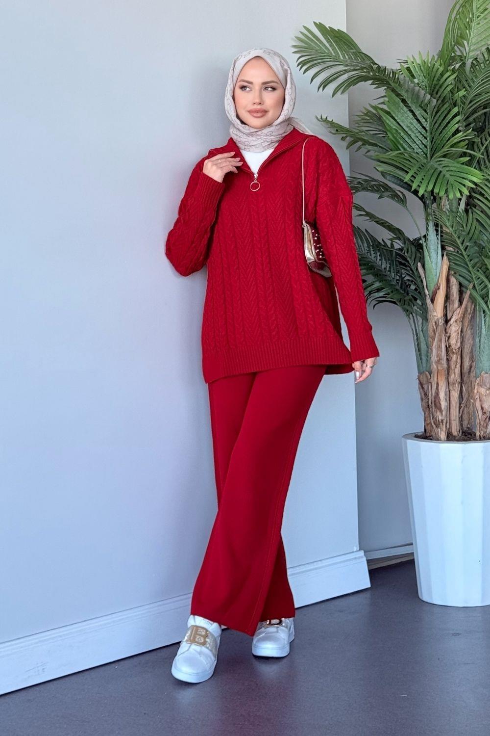 Yarı Fermuarlı Örme Triko Takım Kırmızı 24130 
