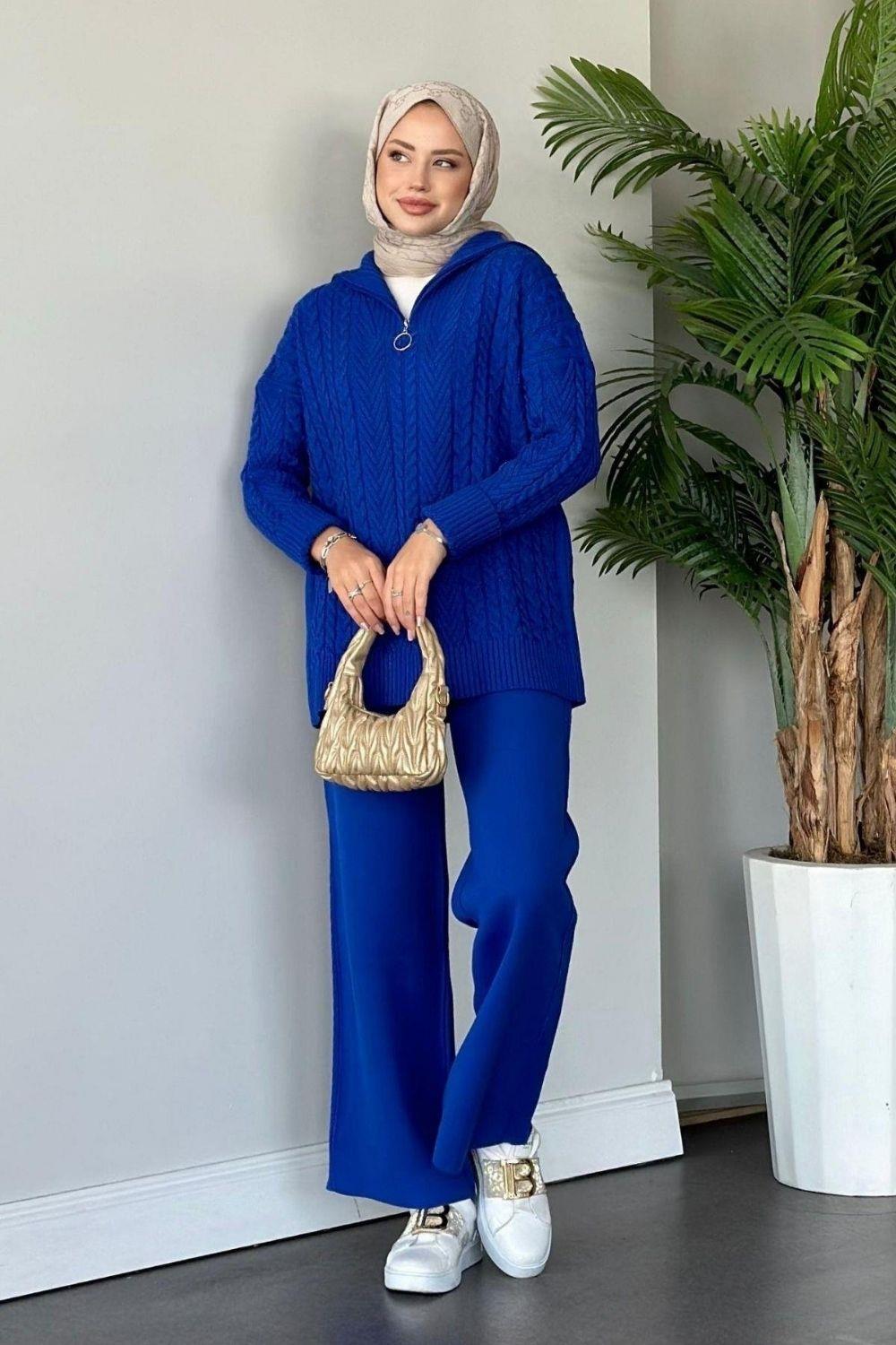 Yarı Fermuarlı Örme Triko Takım Saks 24130 