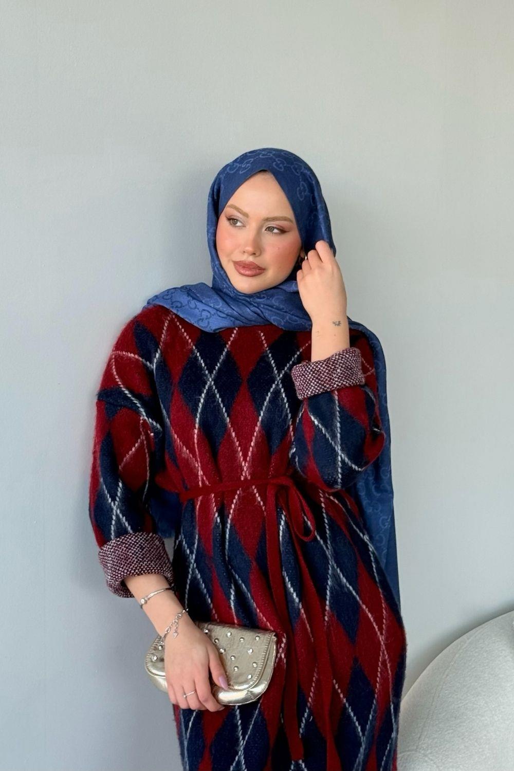 Baklava Desenli Triko Elbise Bordo 241300 