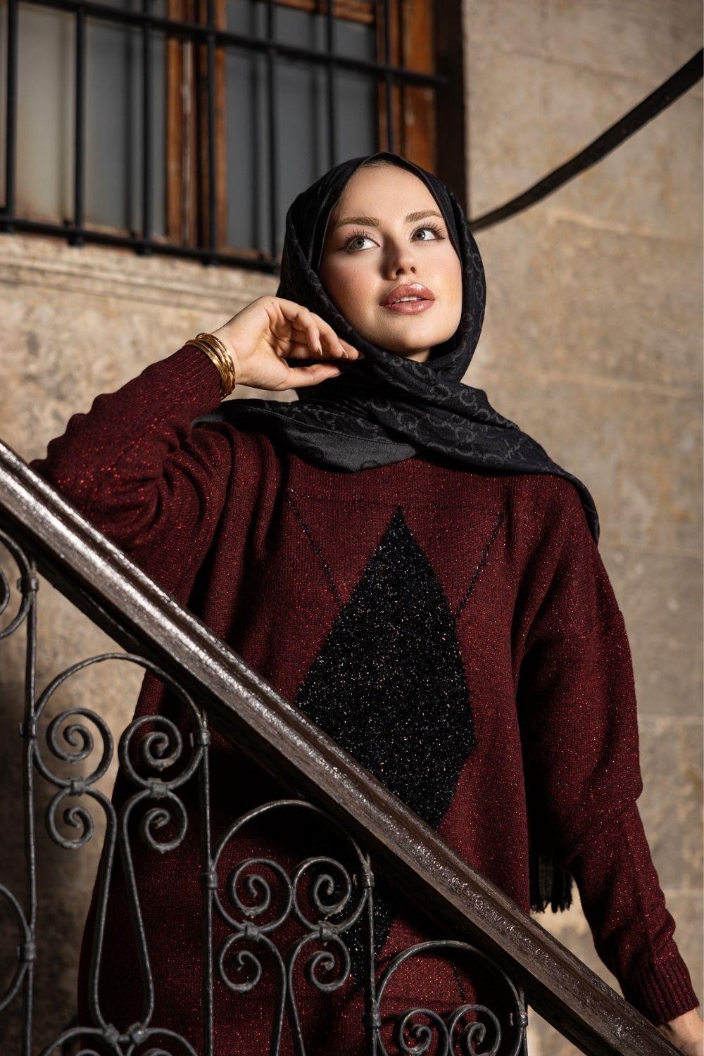 Simli Yumoş Baklava Desen Elbise Bordo 241480 