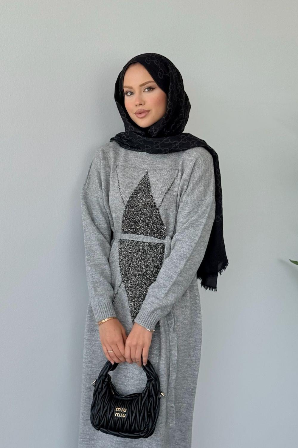 Simli Yumoş Baklava Desen Elbise Gri 241480 