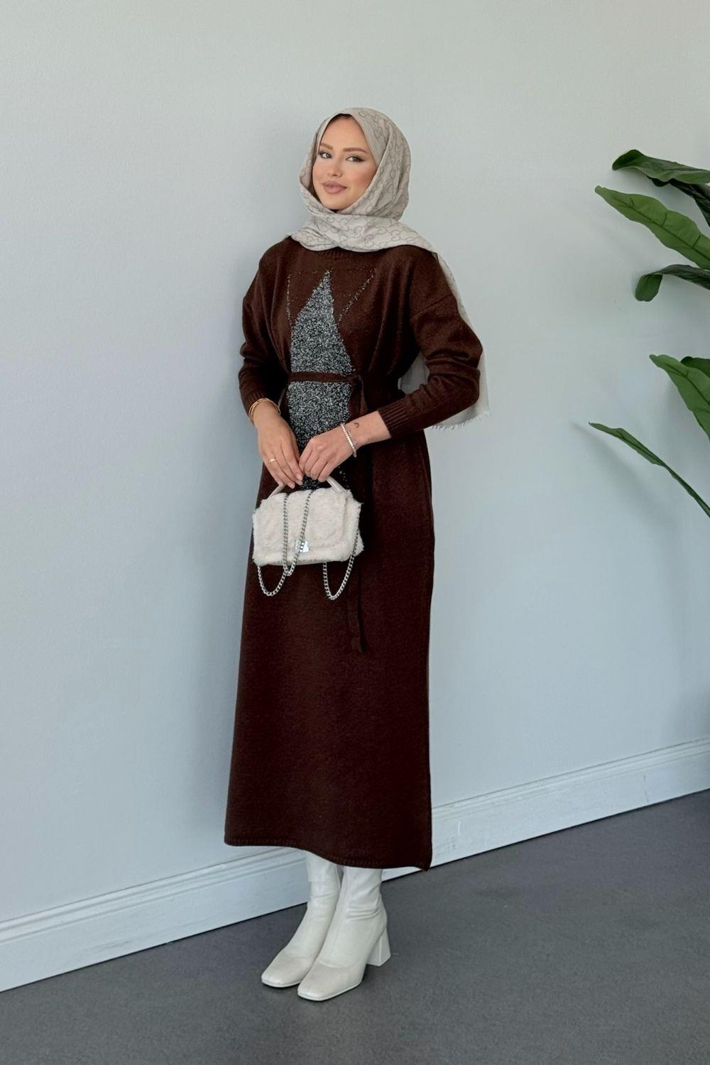 Simli Yumoş Baklava Desen Elbise Kahverengi 241480 