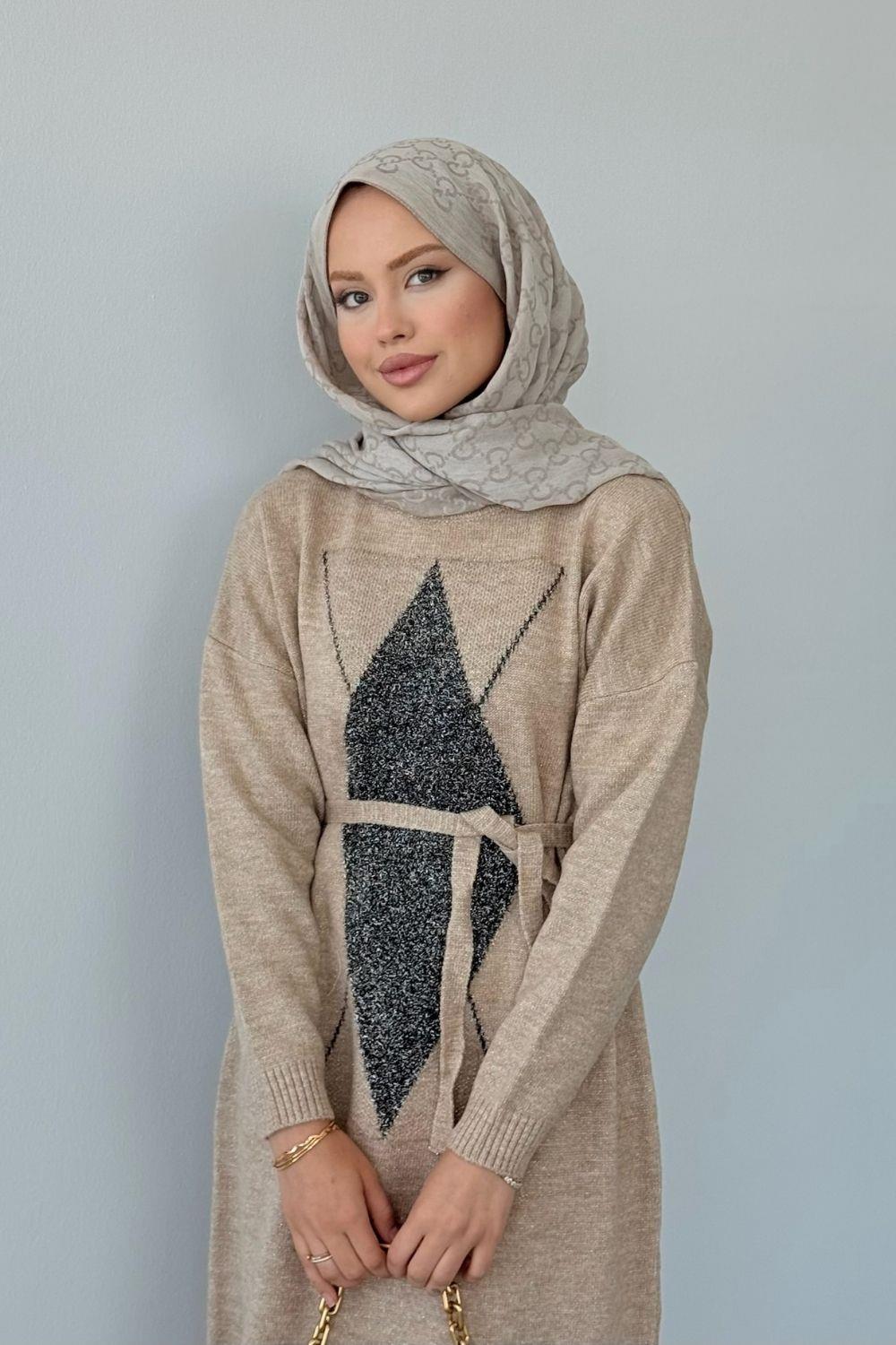 Simli Yumoş Baklava Desen Elbise Bej 241480 