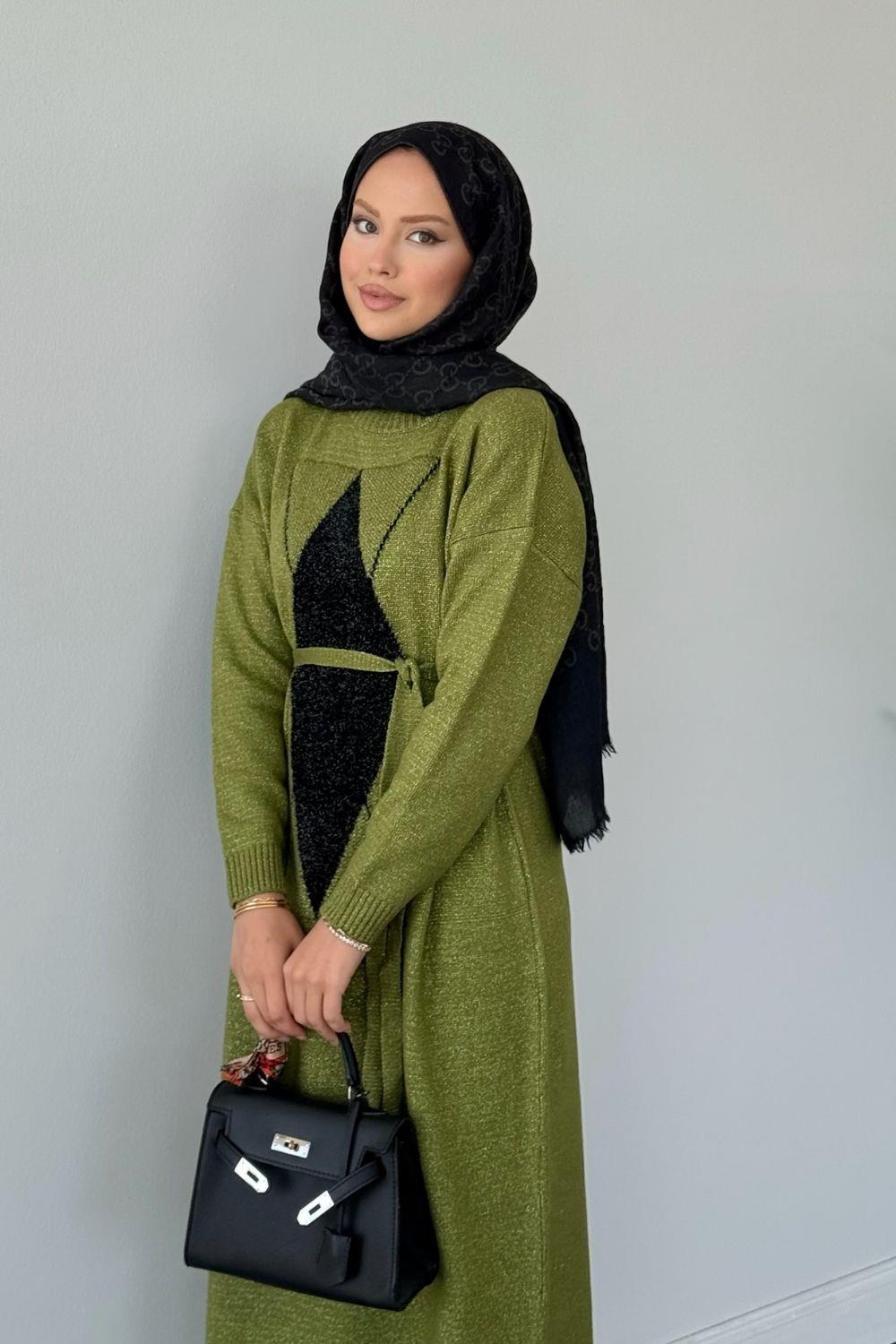 Simli Yumoş Baklava Desen Elbise Yağ Yeşili 241480 