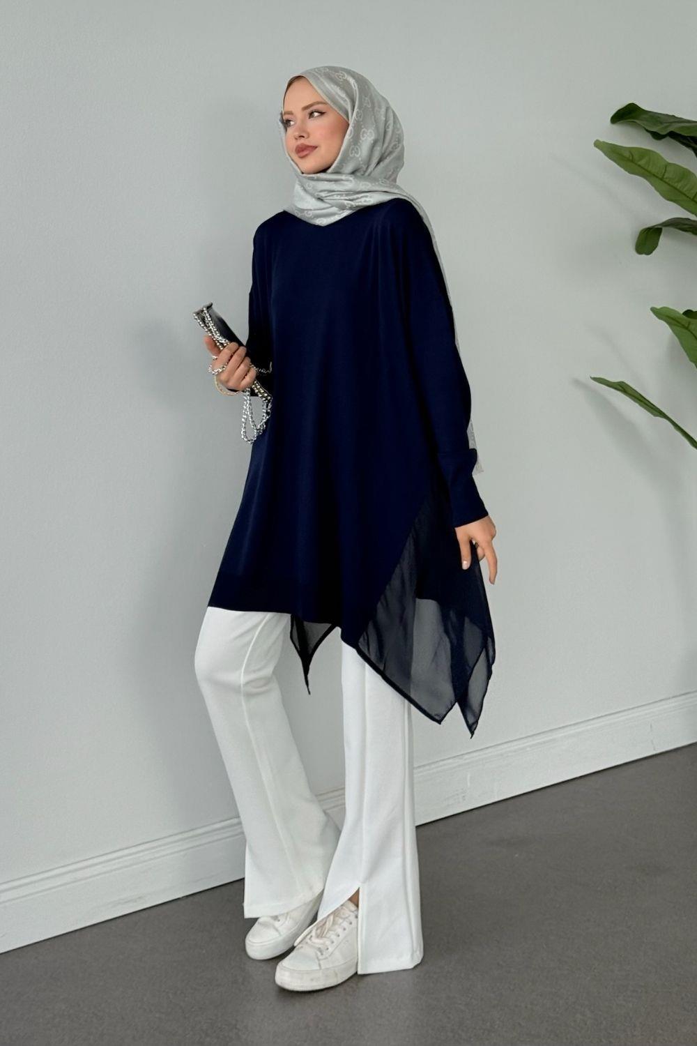 Merserize Yan Şifon Tunik Lacivert 24290 