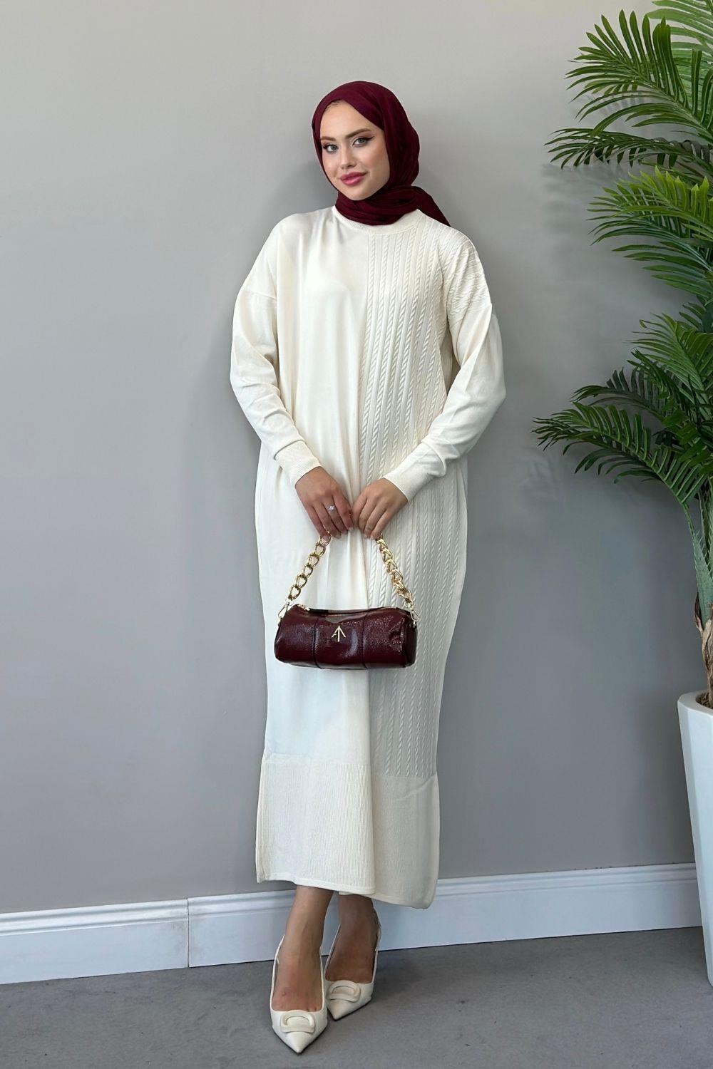 Eyşan Saç Örgülü Elbise Ekru 24520 