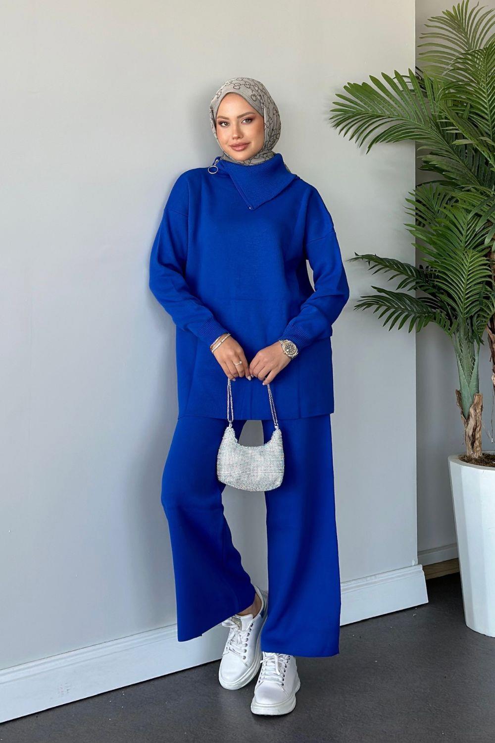 Yaka Yan Fermuarlı Takım Saks 24580 