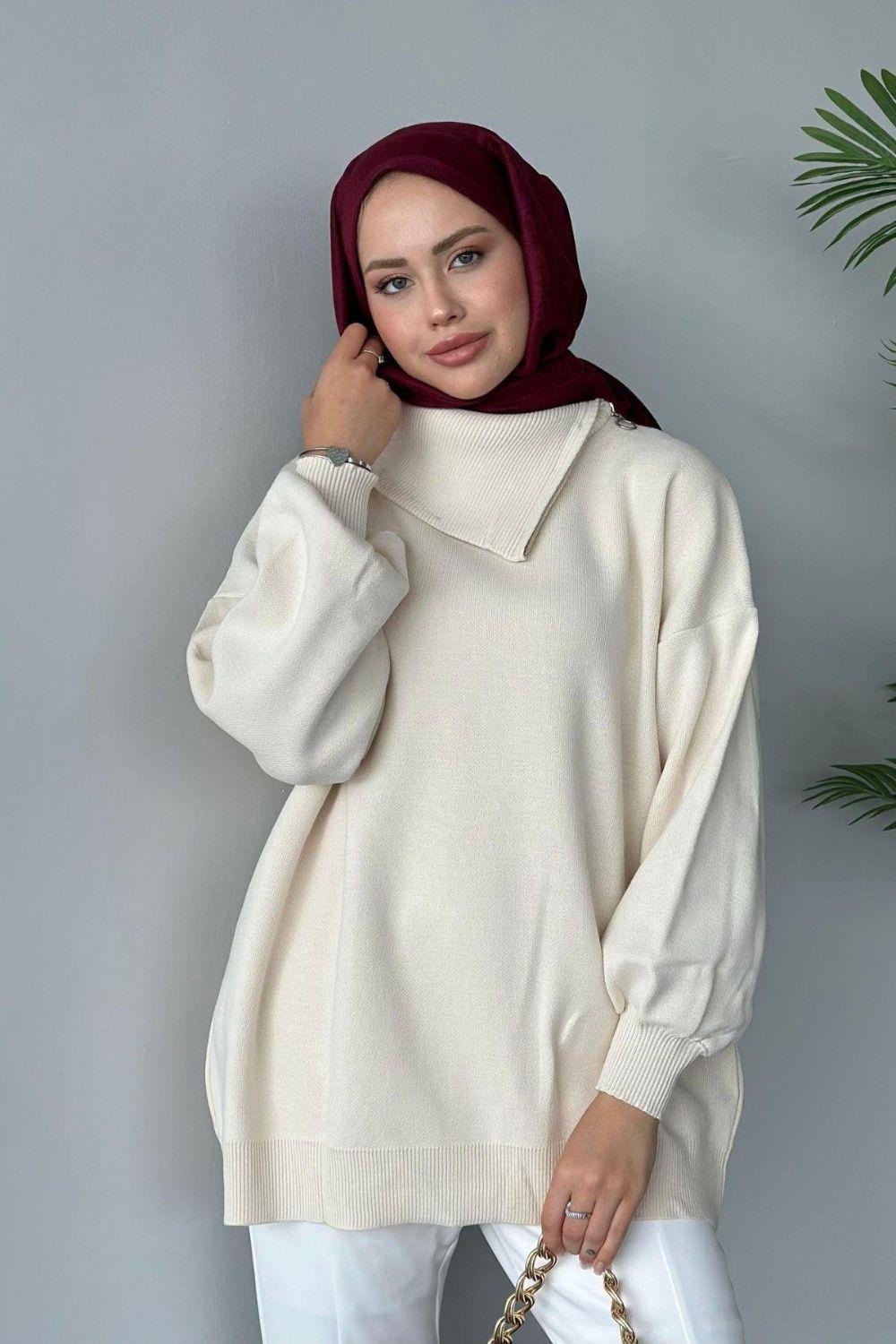 Asya Fermuarlı Kazak Ekru 24610 