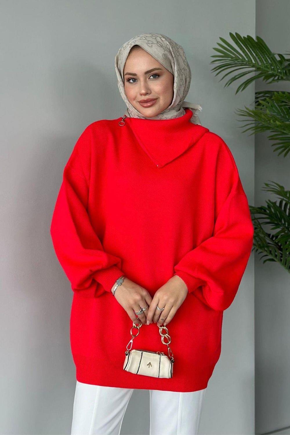 Asya Fermuarlı Kazak Kırmızı 24610 