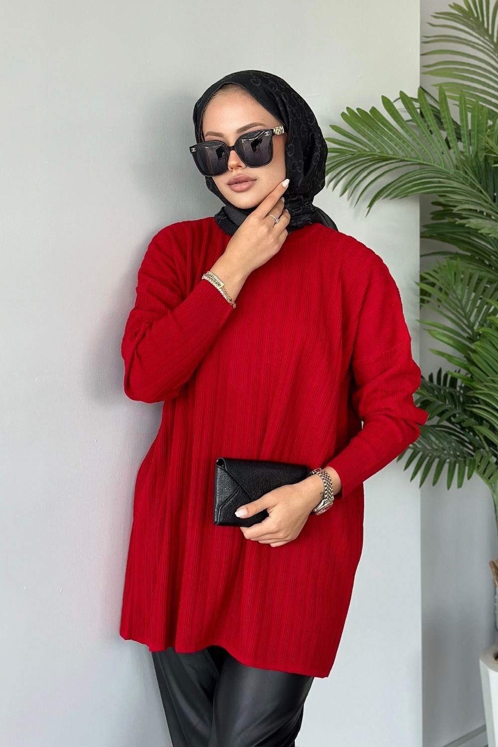 Fitilli Çizgili Triko Tunik Bordo 24620 