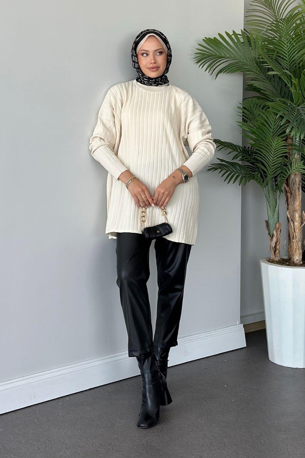 Fitilli Çizgili Triko Tunik Ekru 24620 