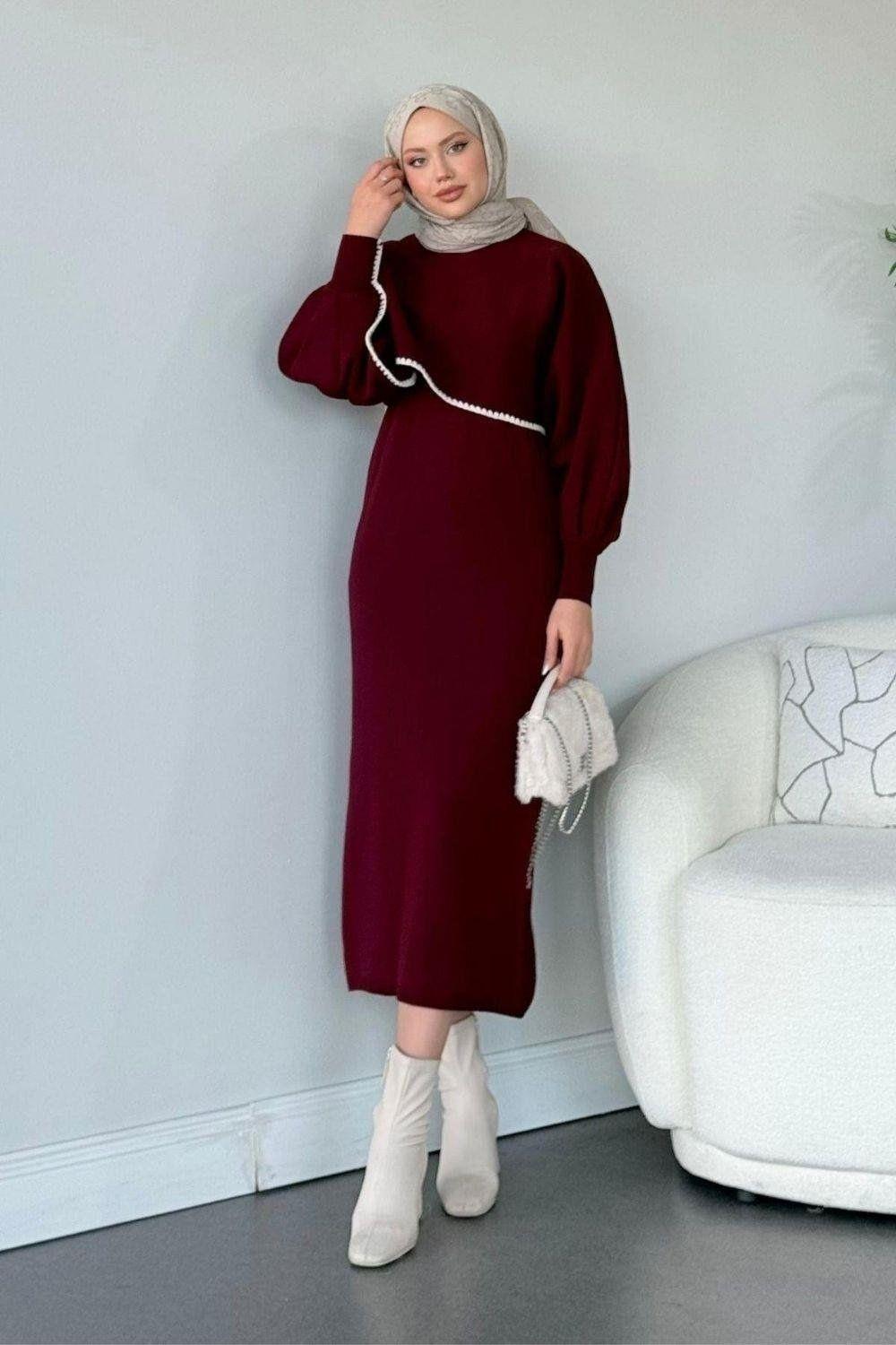 Crop Görünümlü Triko Elbise Bordo 24680 