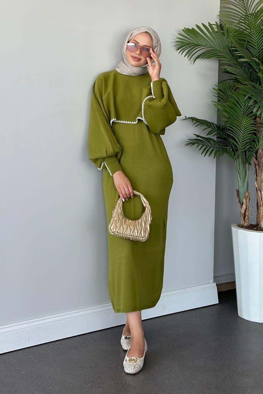 Crop Görünümlü Triko Elbise Yağ Yeşili 24680 
