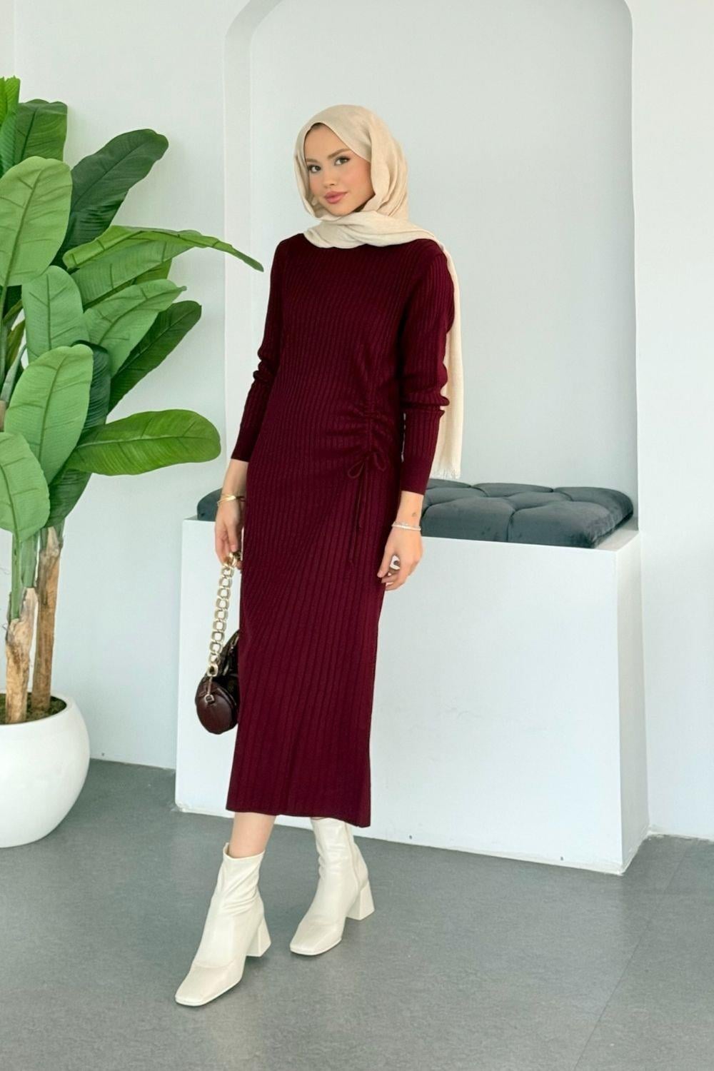Yandan Büzgülü Fi Triko Elbise Bordo 24870 