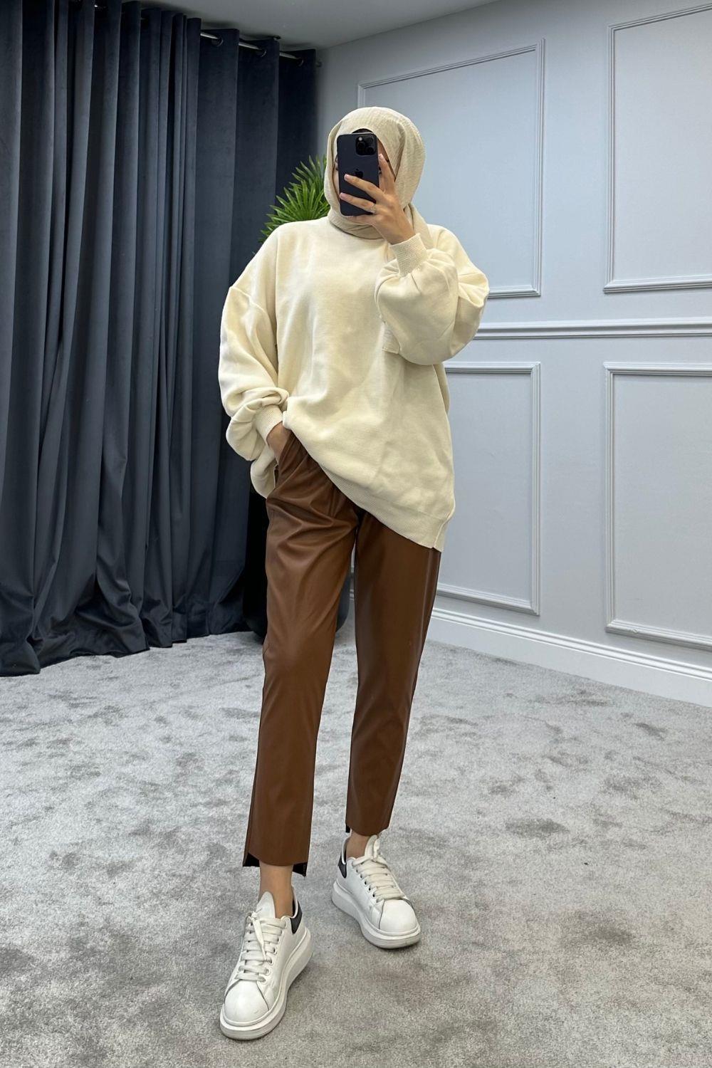 بنطلون جلد خصر بني