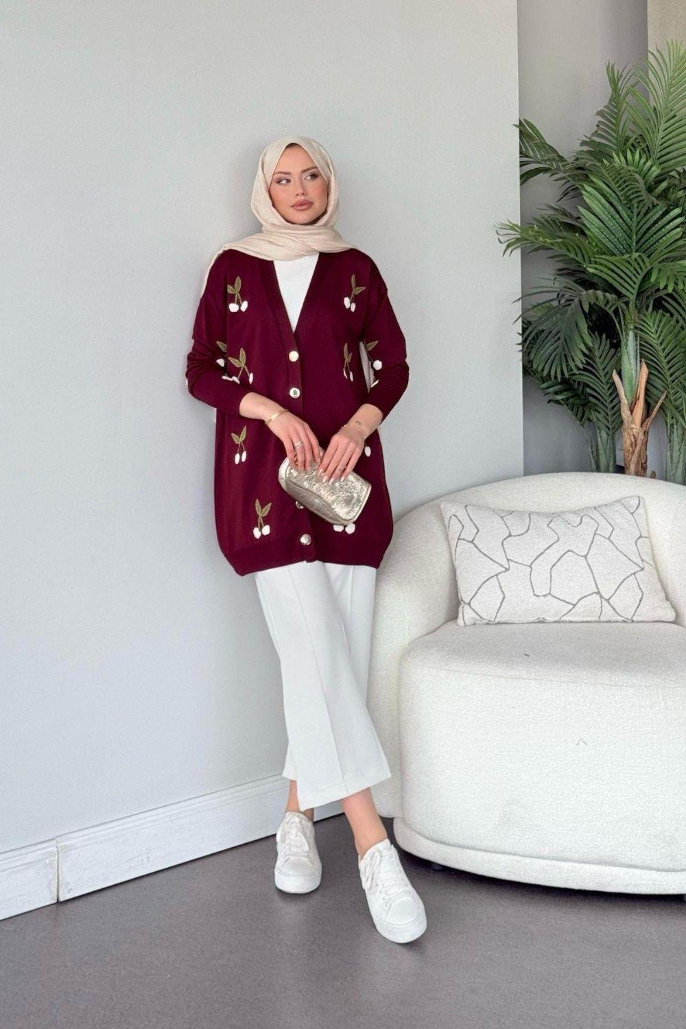 Kirazlı Merserize Hırka Bordo 25100 