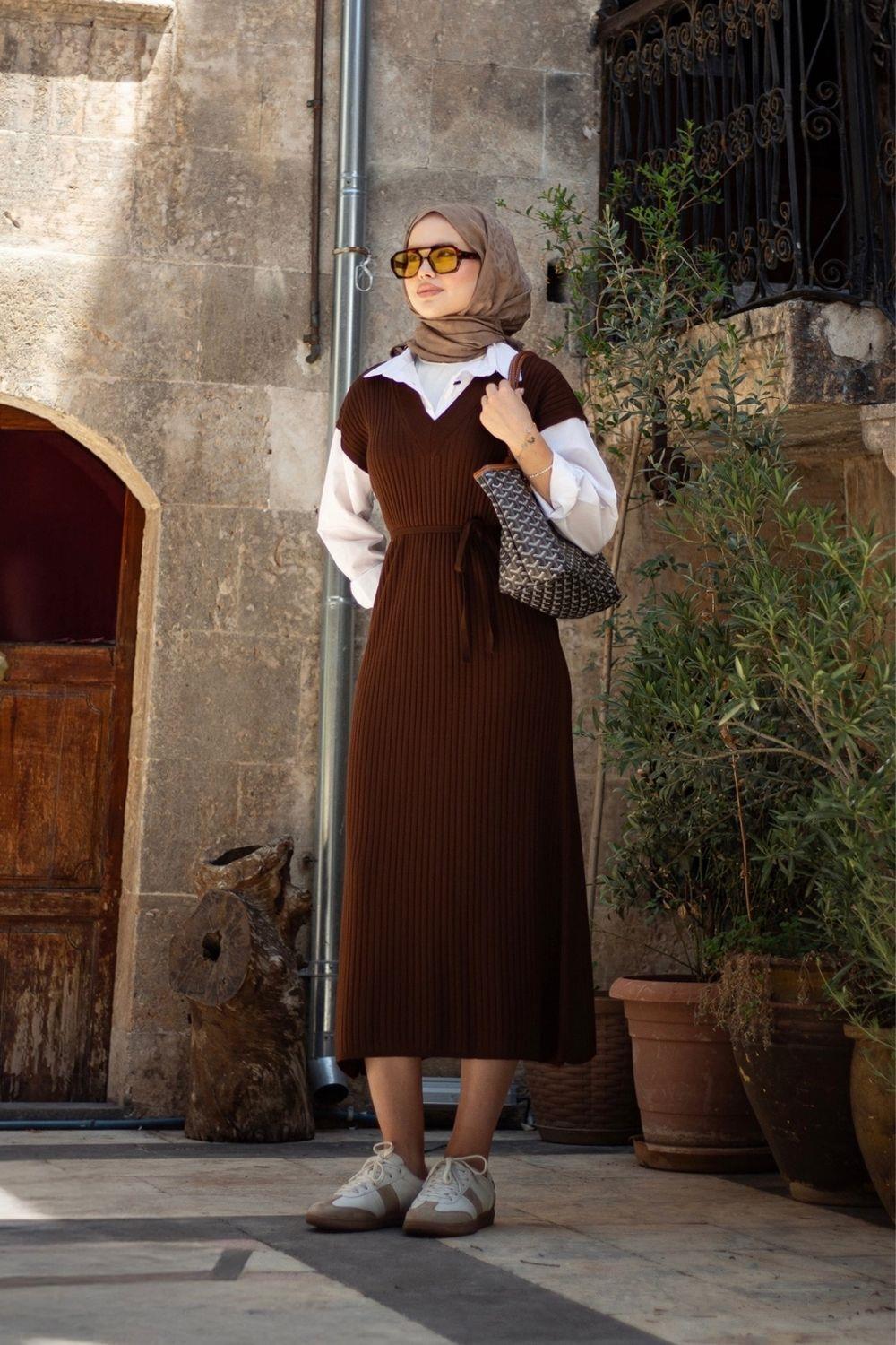 Kol Yaka Gömlekli Fitilli Elbise Kahverengi 25120 