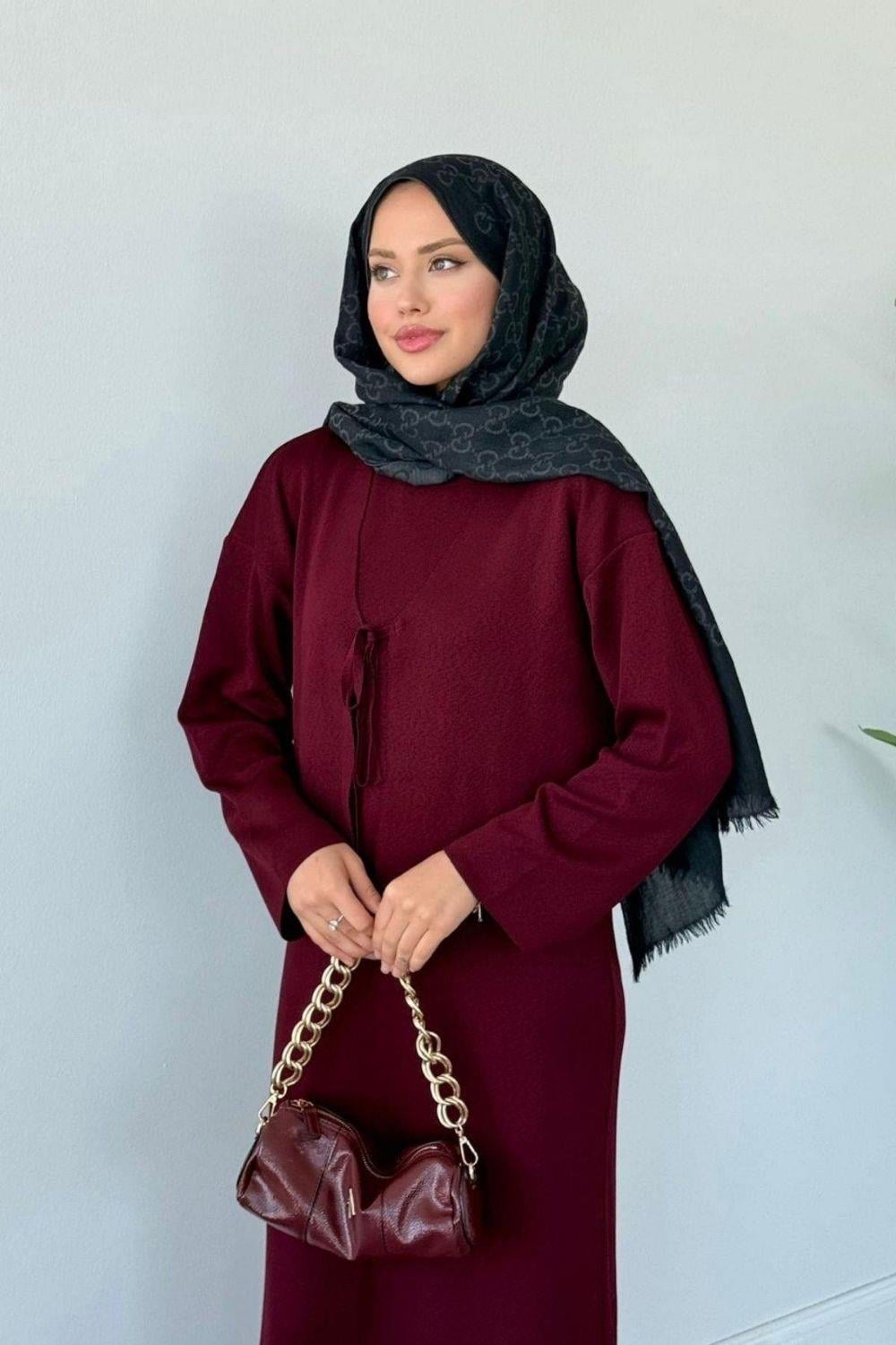 Kuğu Croplu Triko Elbise Bordo 25160 