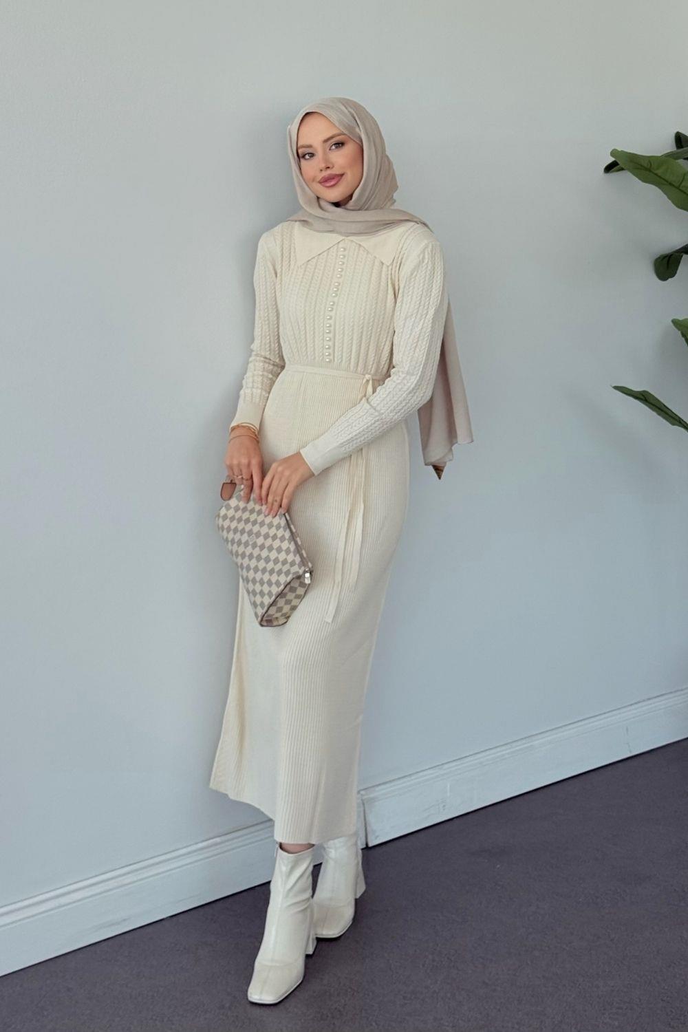 Üst Saç Örgü İncili Gömlek Yaka Elbise Krem 25210 